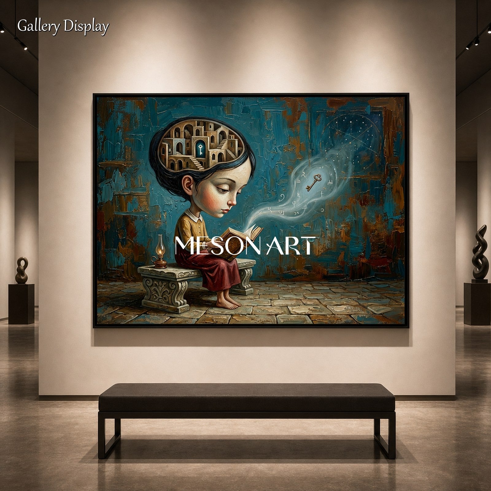 Surrealist Girl Reading Painting For Home Office Wall Art With Blue And Brown Tones