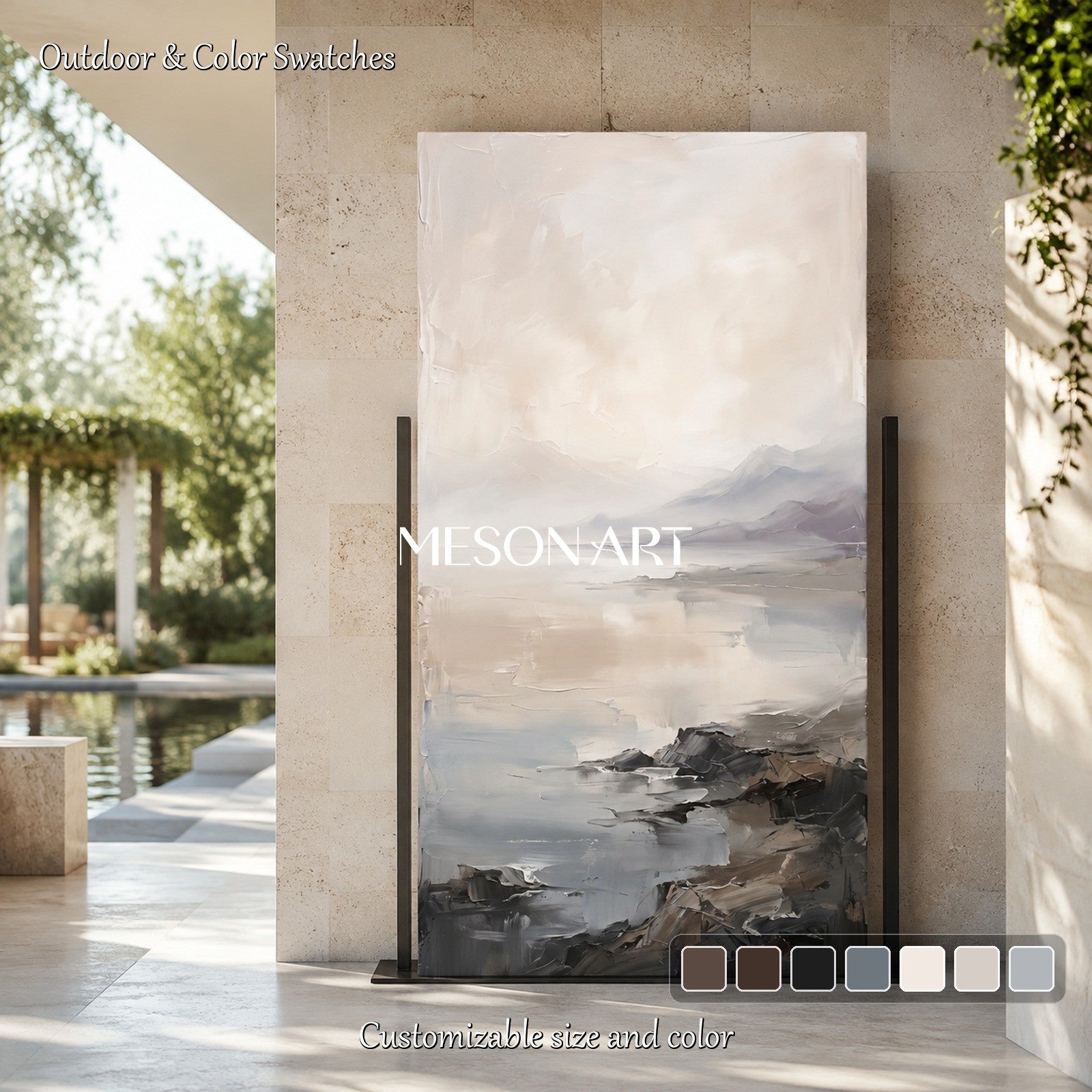 Gray And White Neutral Panoramic Art Painting For Wall By Artist Original Framed Large Artwork By Mesonart