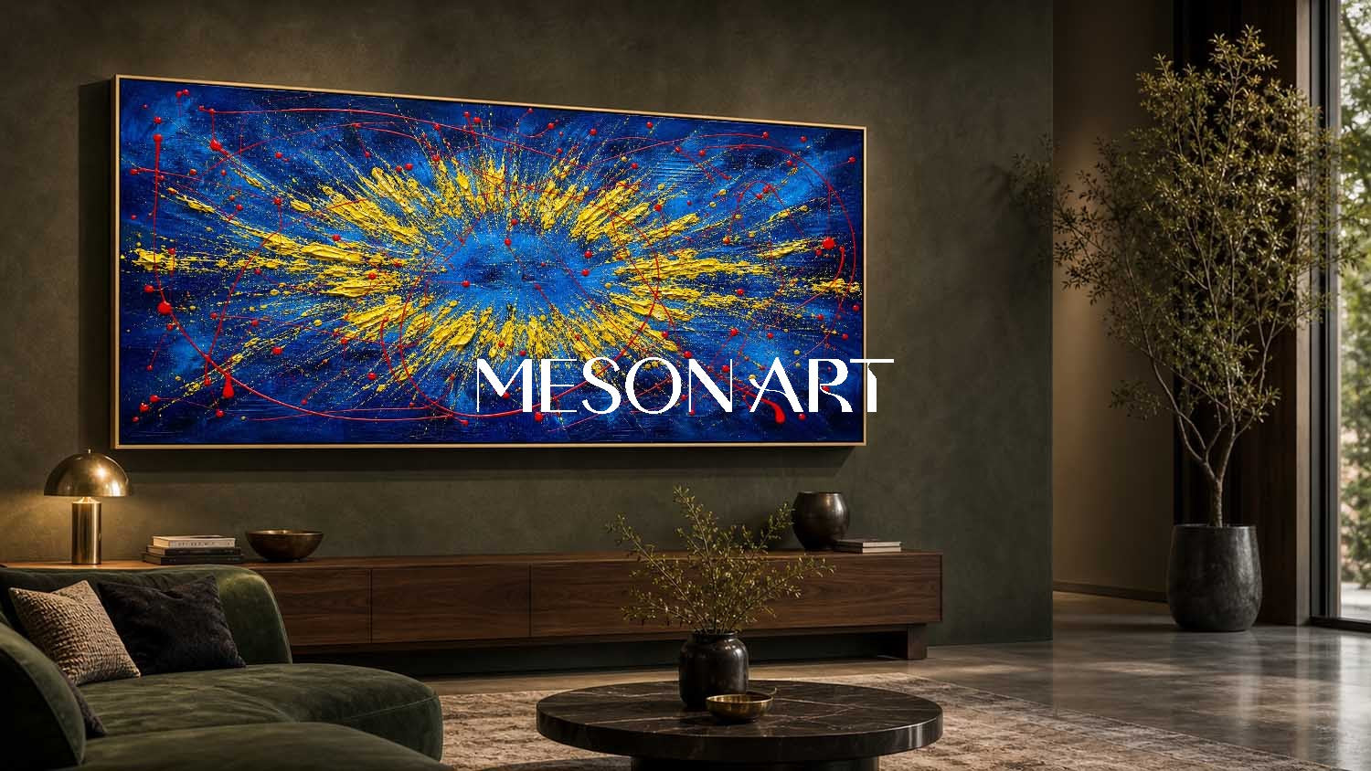 Bold Abstract Blue And Gold Painting With Textured Relief For Modern Living Room Decor