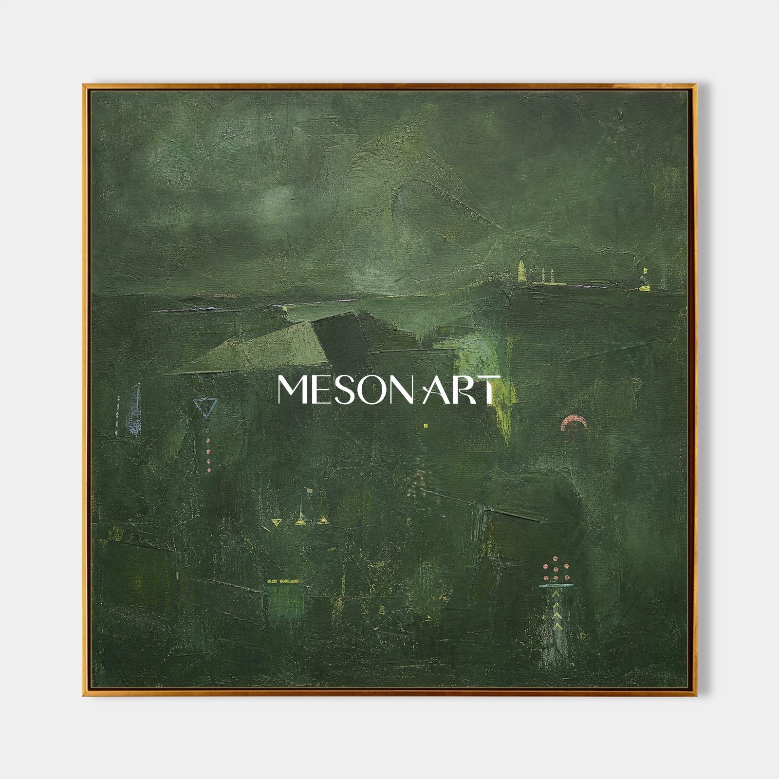 Emerald Silence Original Green Abstract Landscape Painting With Gold Frame For Modern Living Room And Home Office Decor