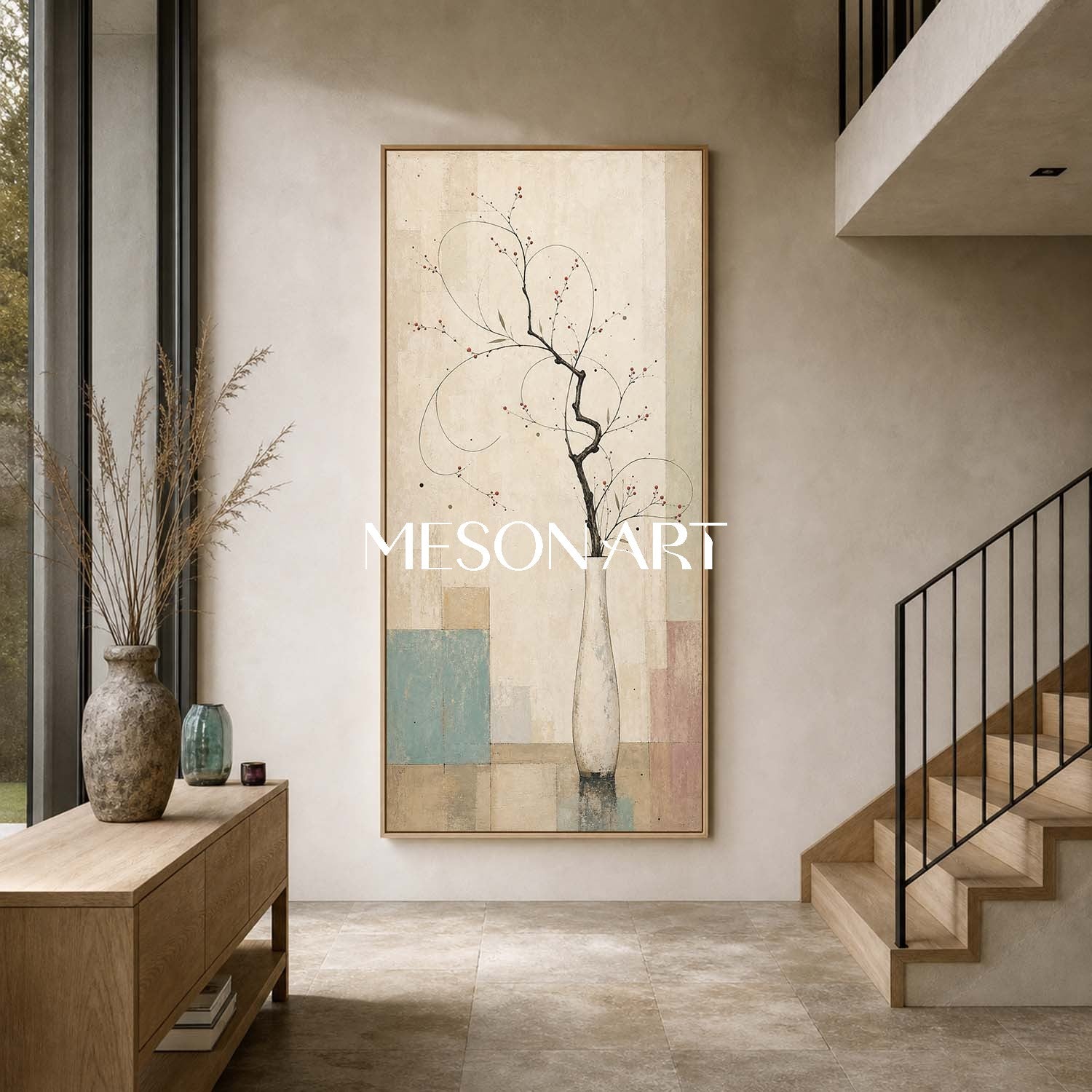 Large Vertical Floral Art Print For Entryway With Japandi Style Beige And Blue Tones