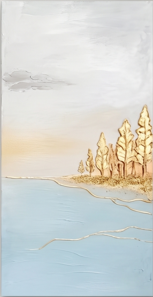 Grande trittico Art Déco “Gold Blue Lake Forest” con dettagli metallici, ideale per il soggiorno