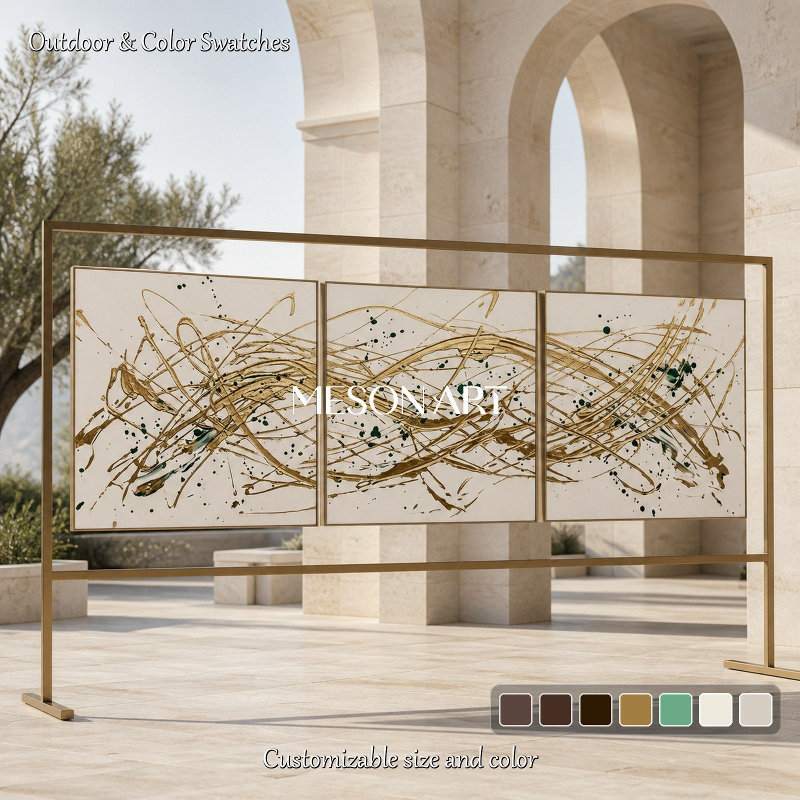 Beige And Gold Pollock Inspired Drip Painting Square Wall Art For Living Room By Mesonart