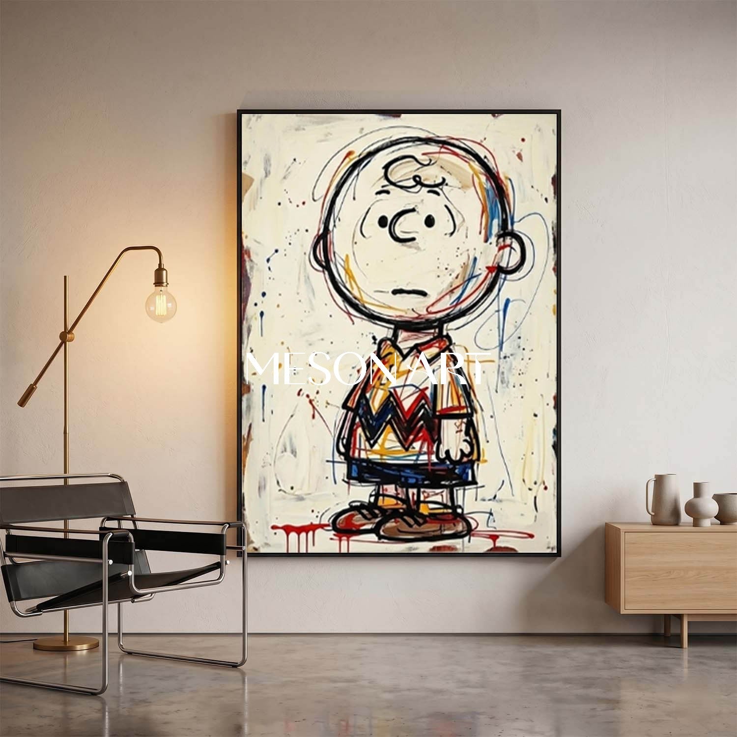 Abstract Charlie Brown Painting With Expressive Brushstrokes For Modern Living Room Decor