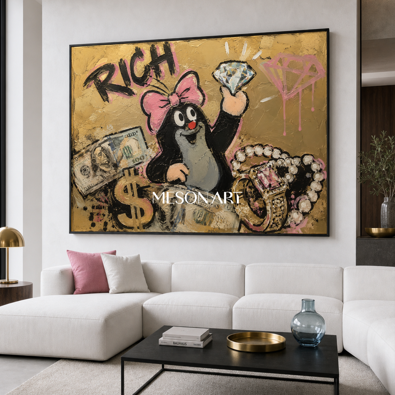 Luxury Graffiti Pop Art Painting With Gold And Pink For Modern Living Room Decor