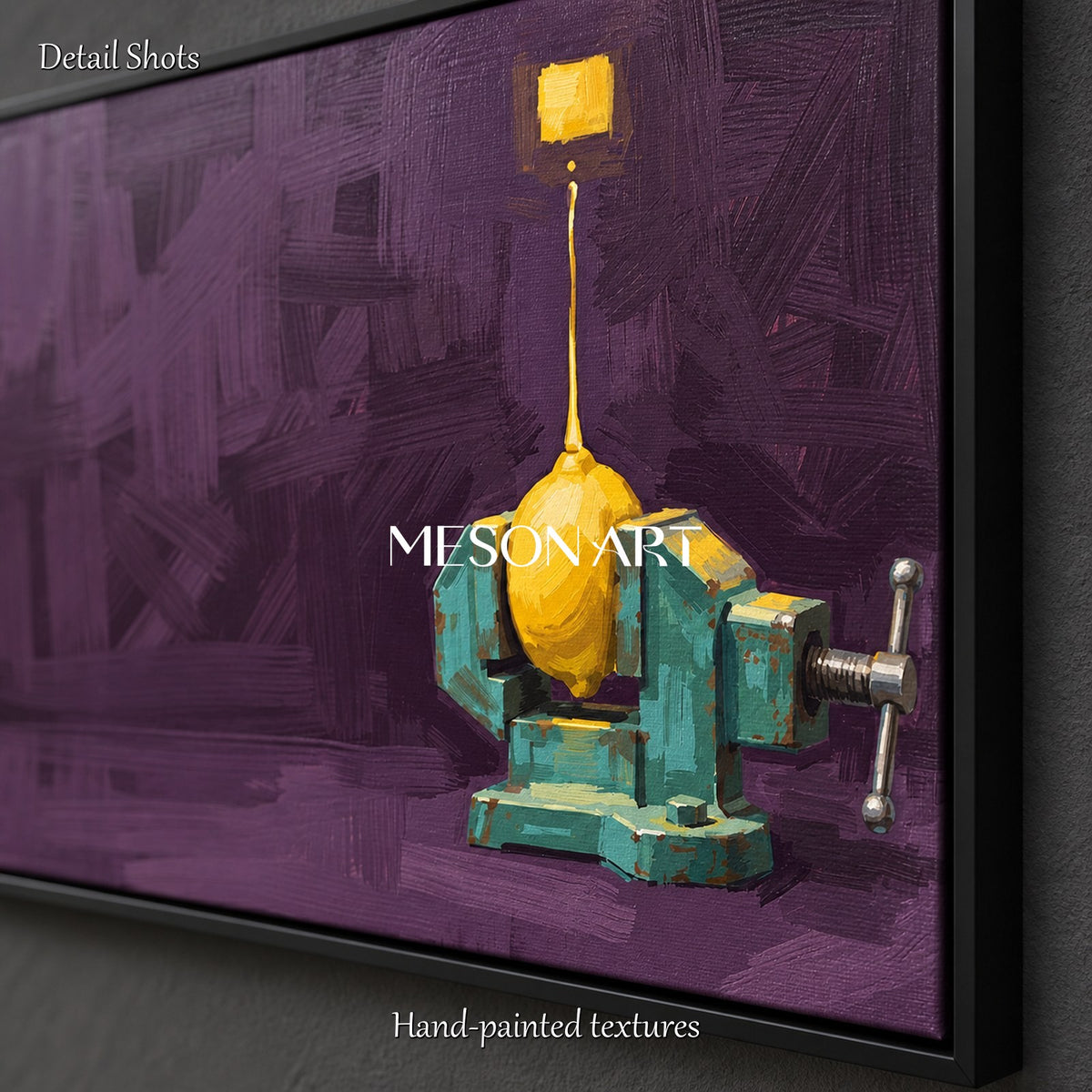 Dipinto a olio surrealista raffigurante una natura morta nei toni del viola e del giallo, quadro rettangolare da appendere in soggiorno, realizzato da Mesonart