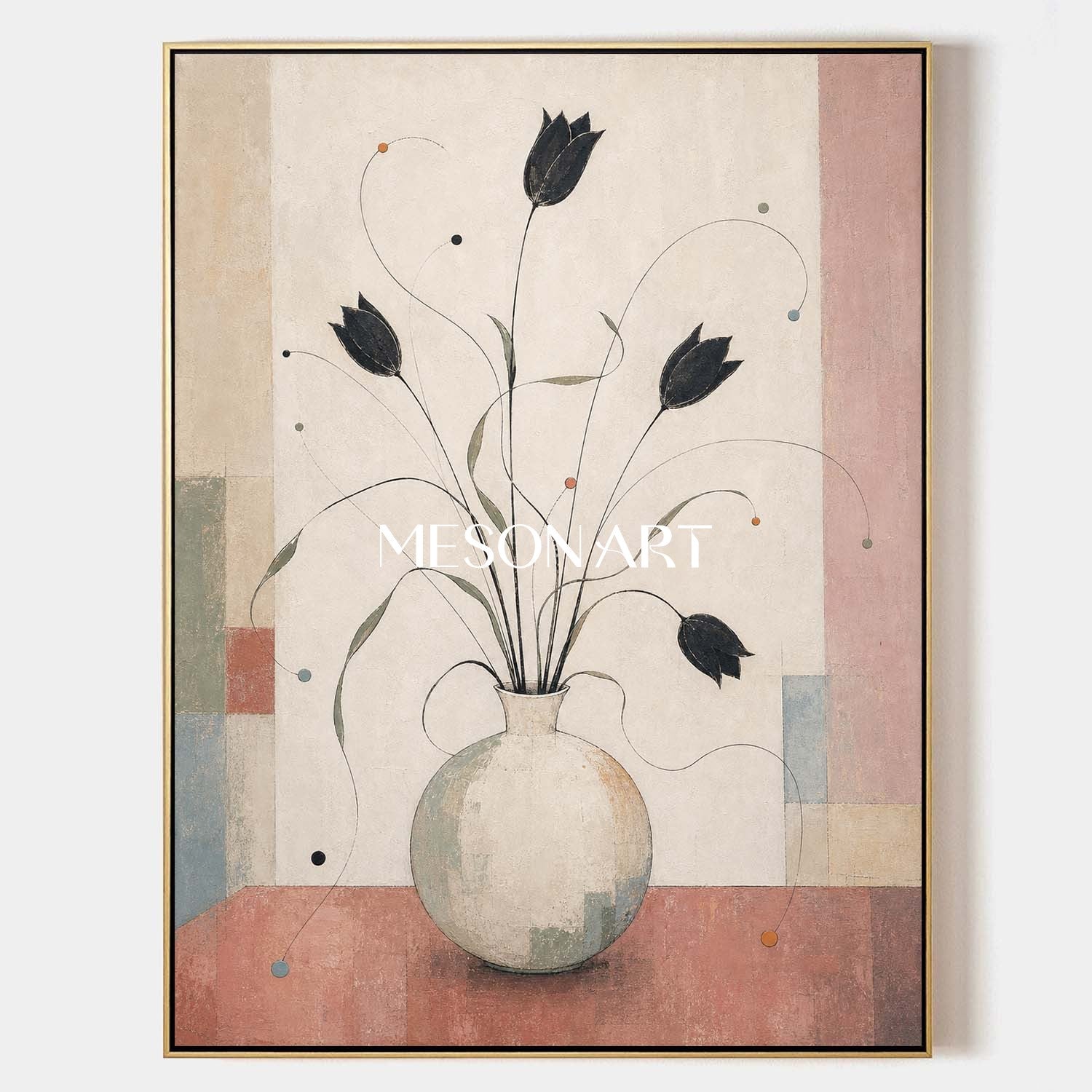 Art Deco Floral Canvas Wall Art With Soft Brushwork For Living Room And Dining Room Decor