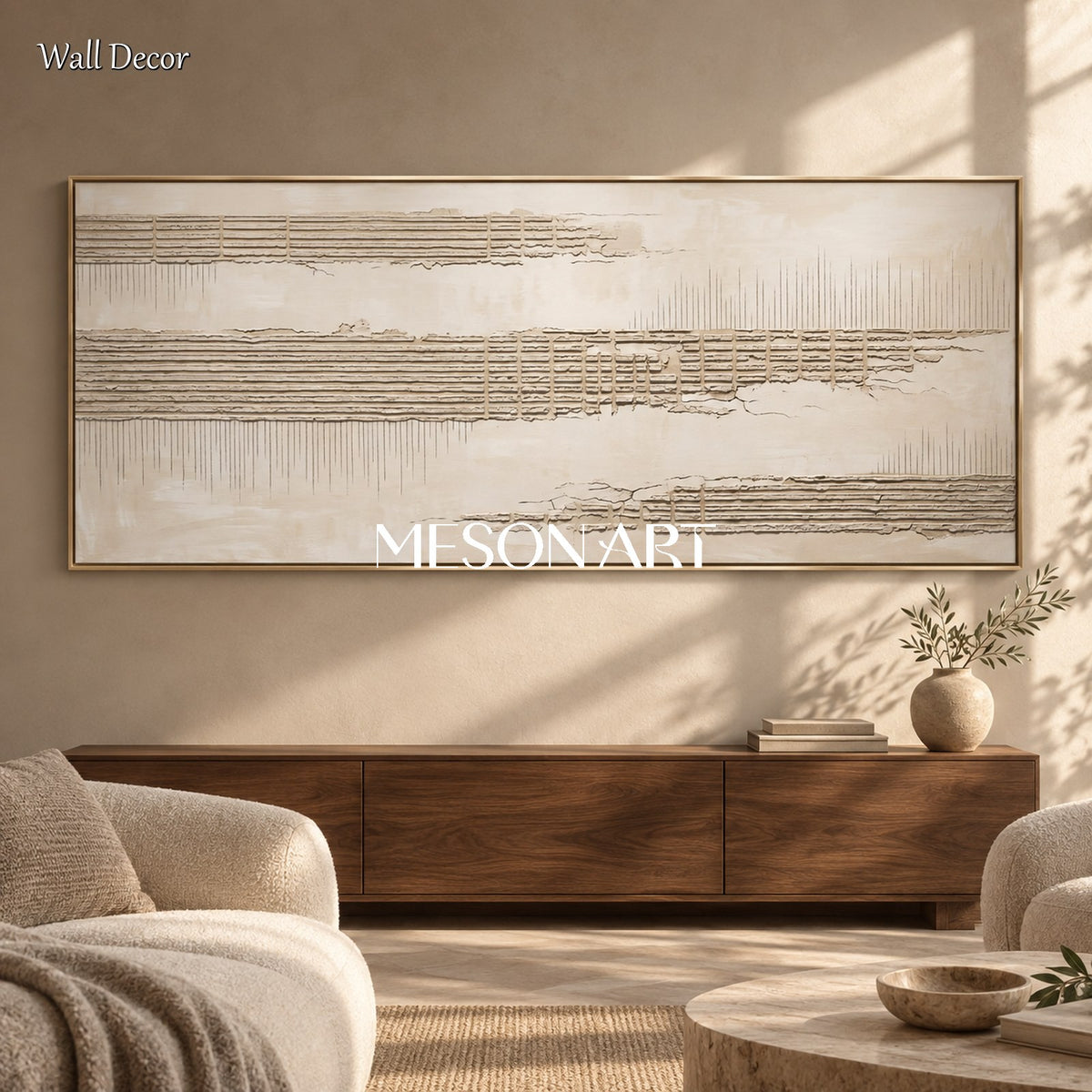 Beige Textured Painting Panoramic Wall Art For Living Room Original Artist Hand Painted By Mesonart