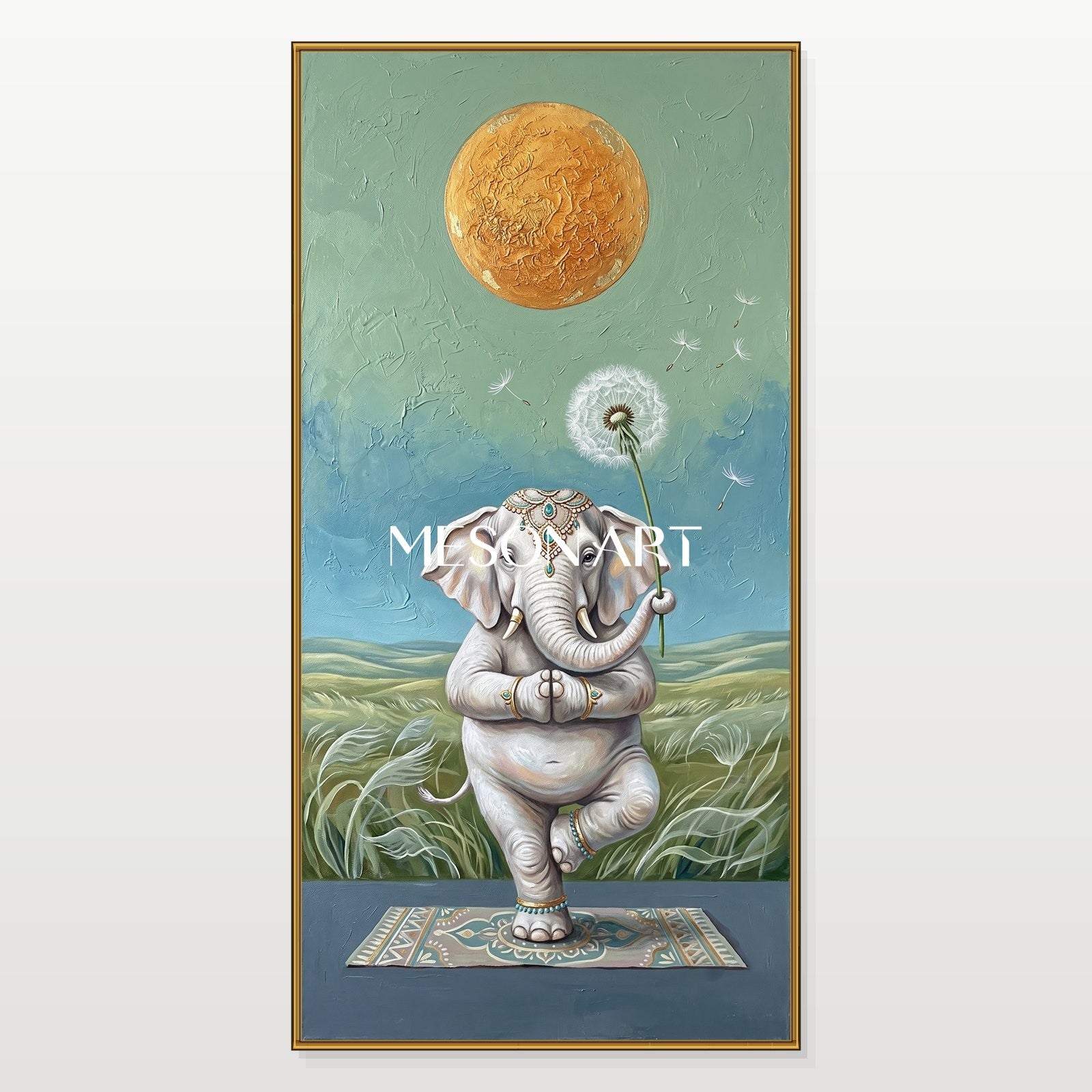 Green And Gold Surrealist Painting Yoga Elephant Original Artist Panoramic Wall Art For Living Room By Mesonart