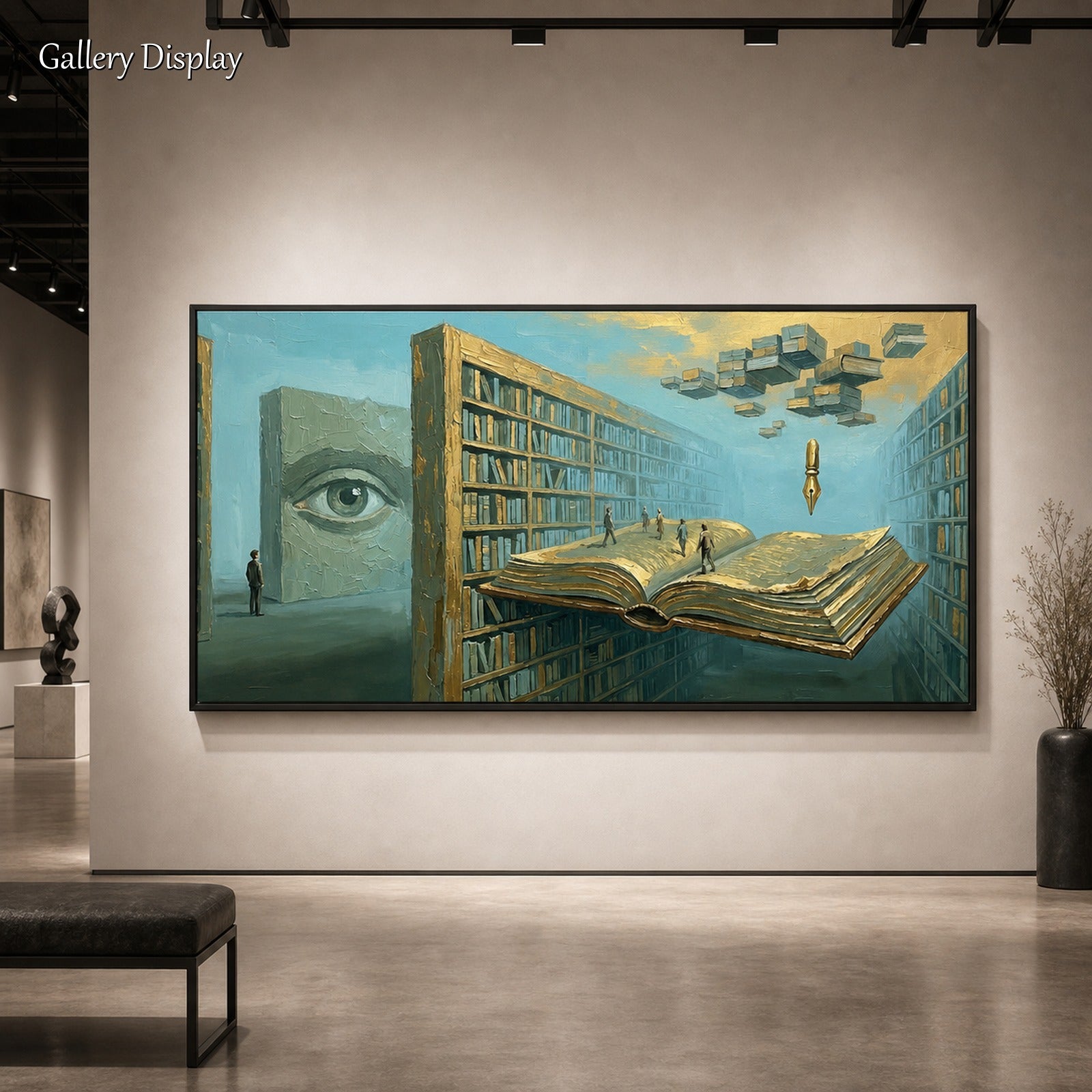 Large Surrealist Oil Painting Floating Book Library Art For Executive Office And Study Room Decor