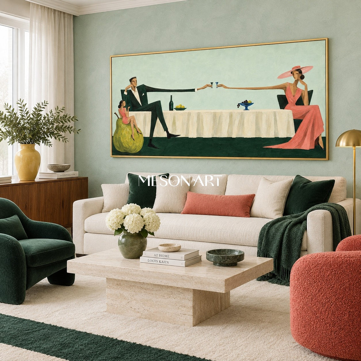 Green And Pink Figurative Modern Minimalist Panoramic People Wine Art By Mesonart