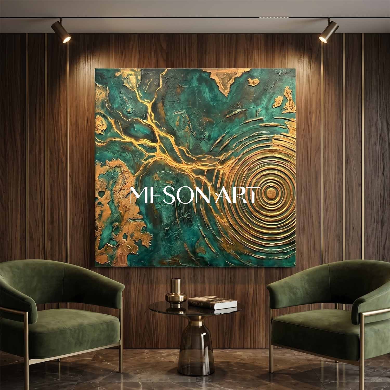 Emerald Green And Gold Abstract Painting With Textured Relief For Modern Living Room Decor