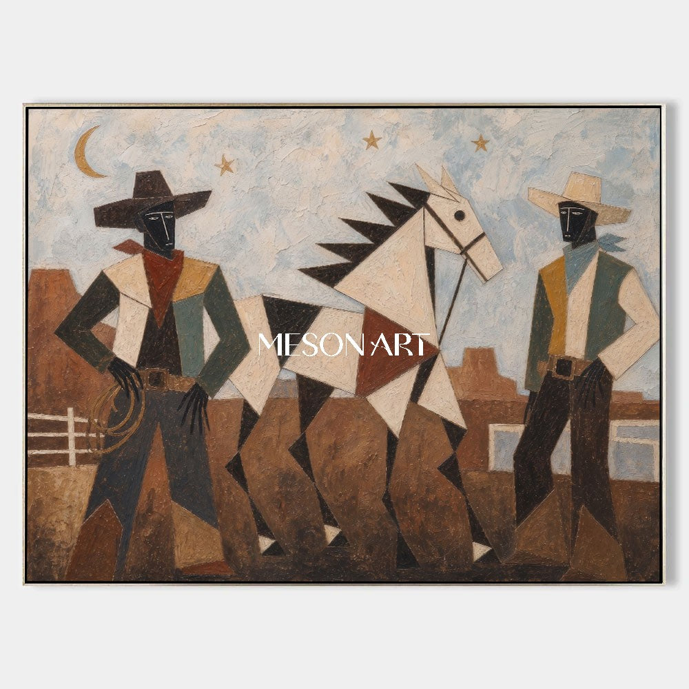 Geometric Cowboy And Horse Painting For Modern Living Room Decor
