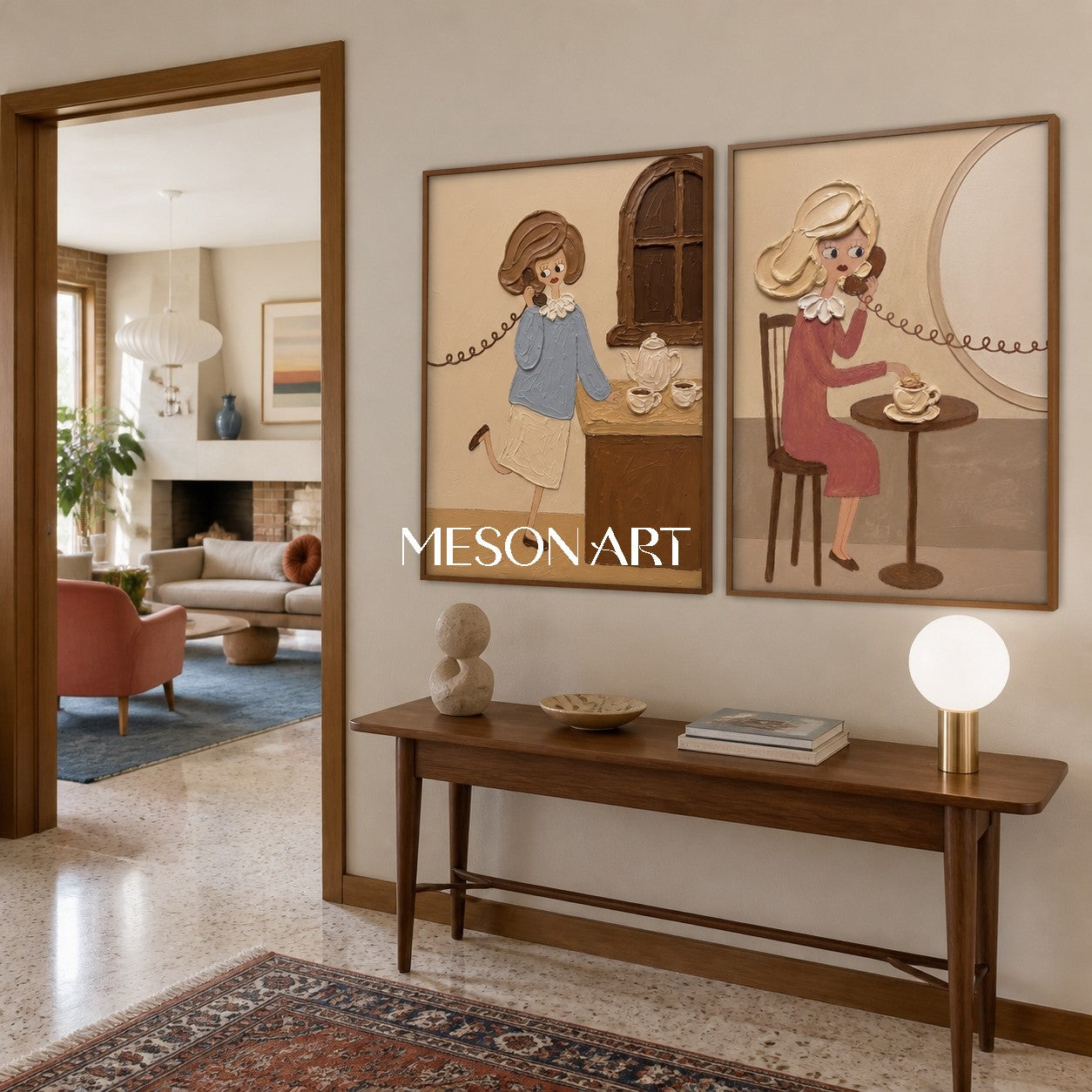 Quadro vintage in stile Pop Art da appendere alla parete della camera da letto, con figure in rilievo nei toni del beige e del rosa