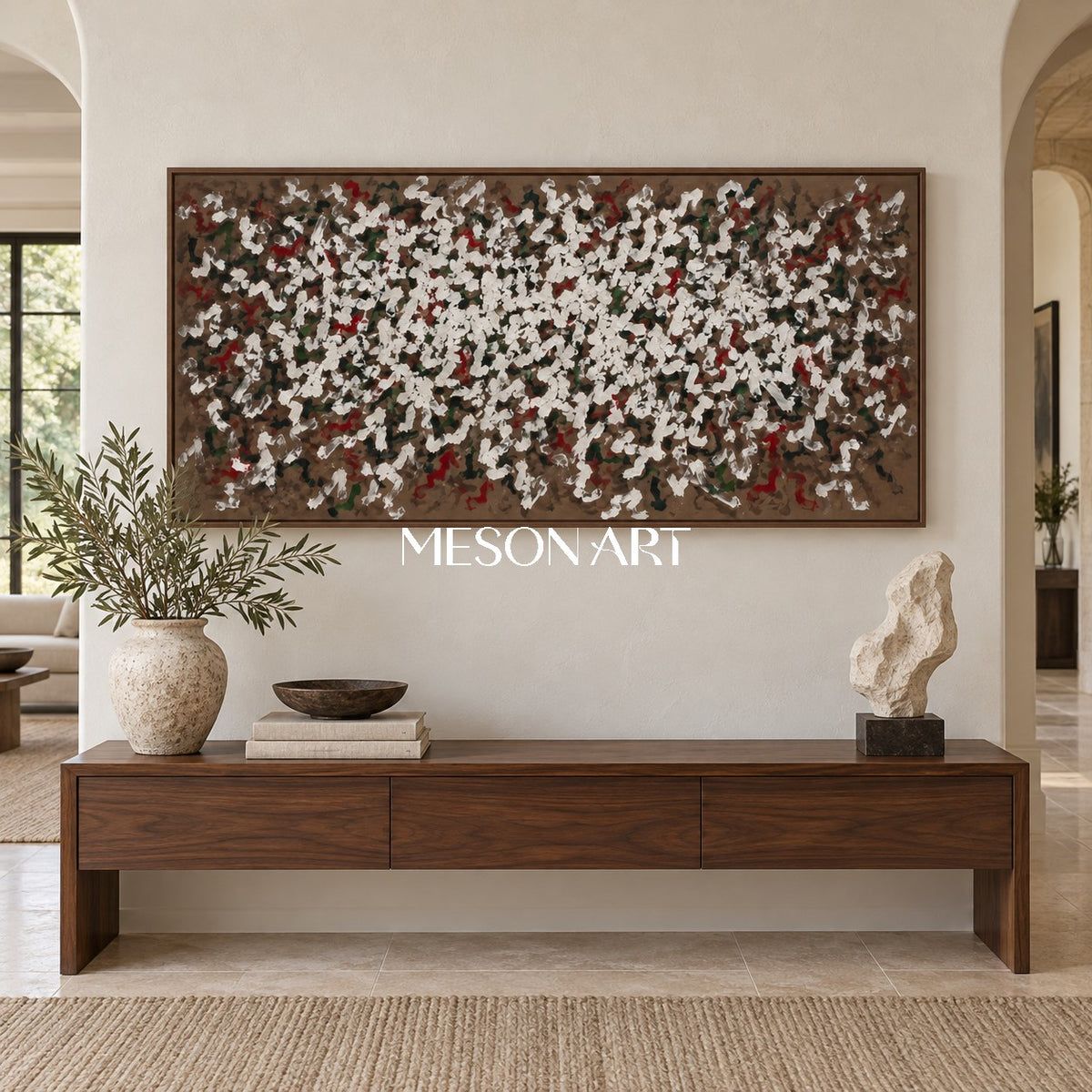 Brown And White Abstract Art Panoramic Wabi-Sabi Impasto Palette Knife Original Artwork By Mesonart