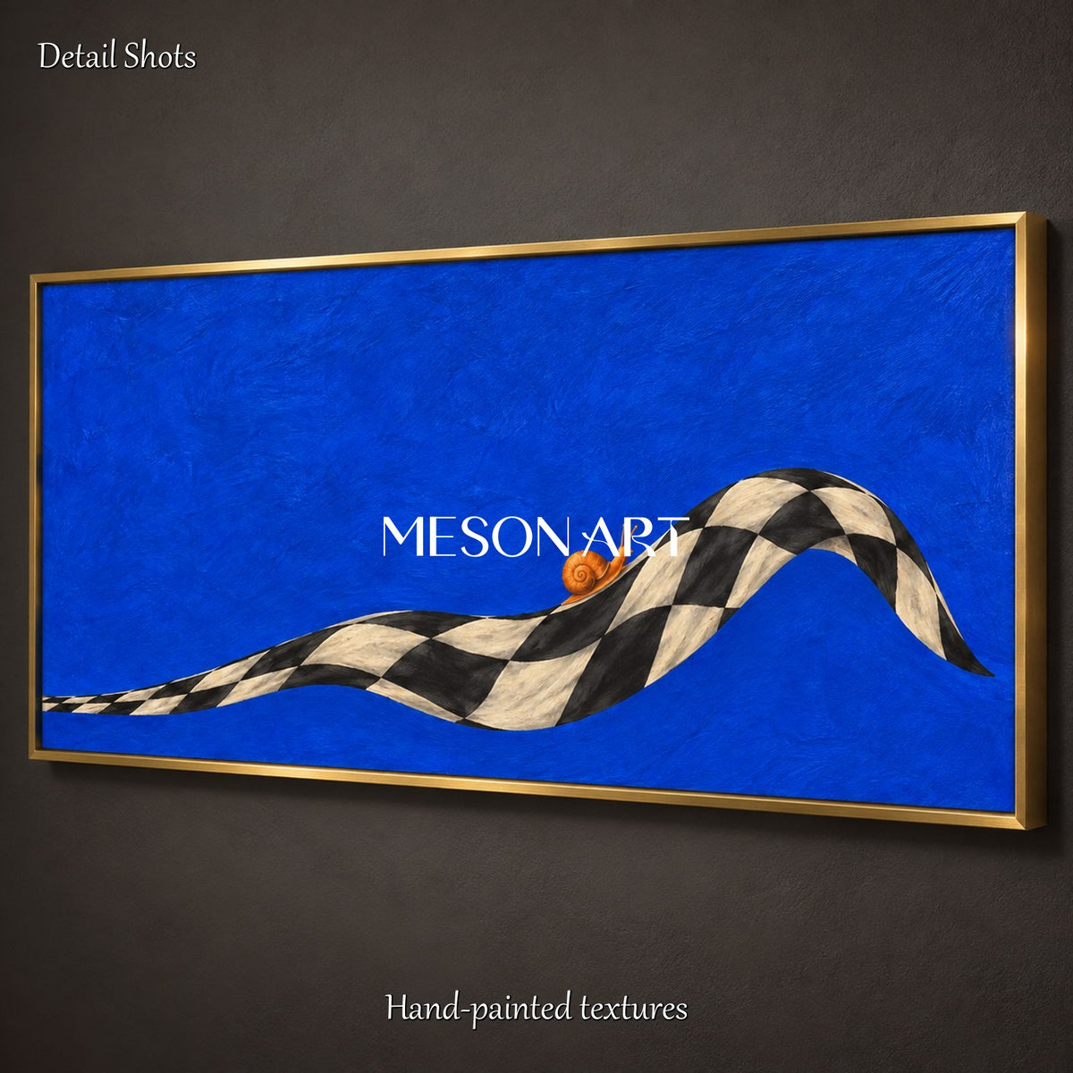 Blue And Black Surrealism Snail Painting Panoramic Wall Art For Living Room Original Artwork By Mesonart