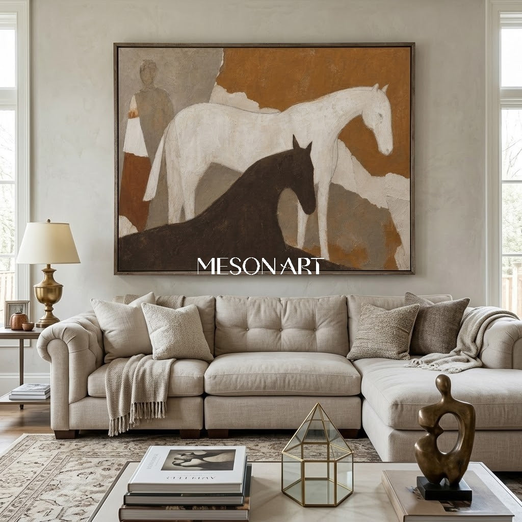 Wabi Sabi Textured Horse Painting With Earthy Tones For Modern Living Room Decor