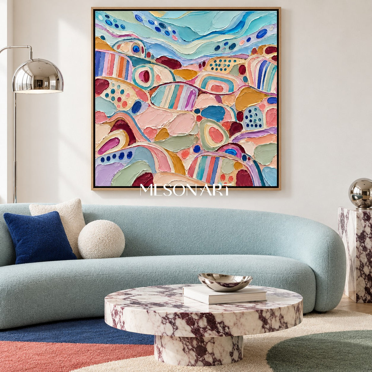 Blue And Pink Abstract Modern Art Square Canvas Wall Decor For Living Room Original By Mesonart