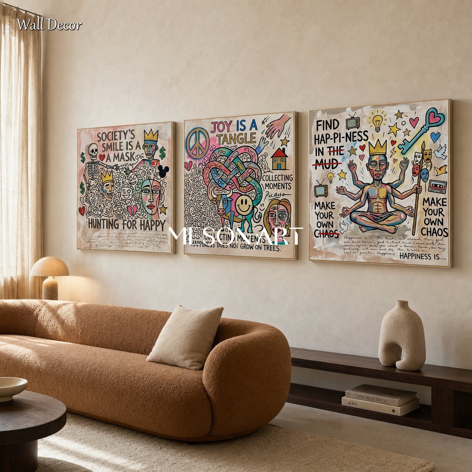Vibrant Abstract Pop Art Triptych With Text For Modern Living Room Wall Decor
