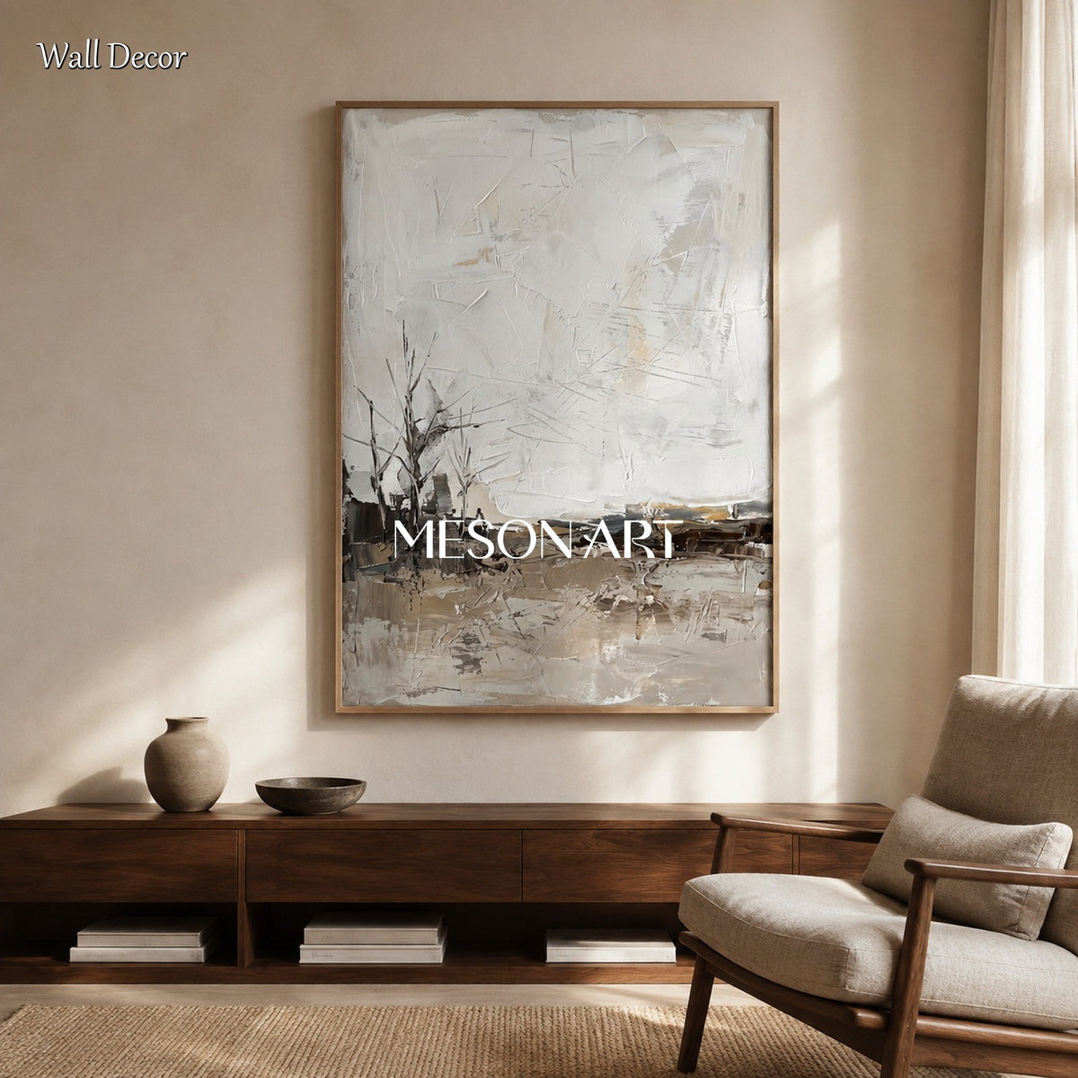 Neutral Abstract Landscape Painting Large Rectangular Wall Art Original Artist Hand Painted By Mesonart