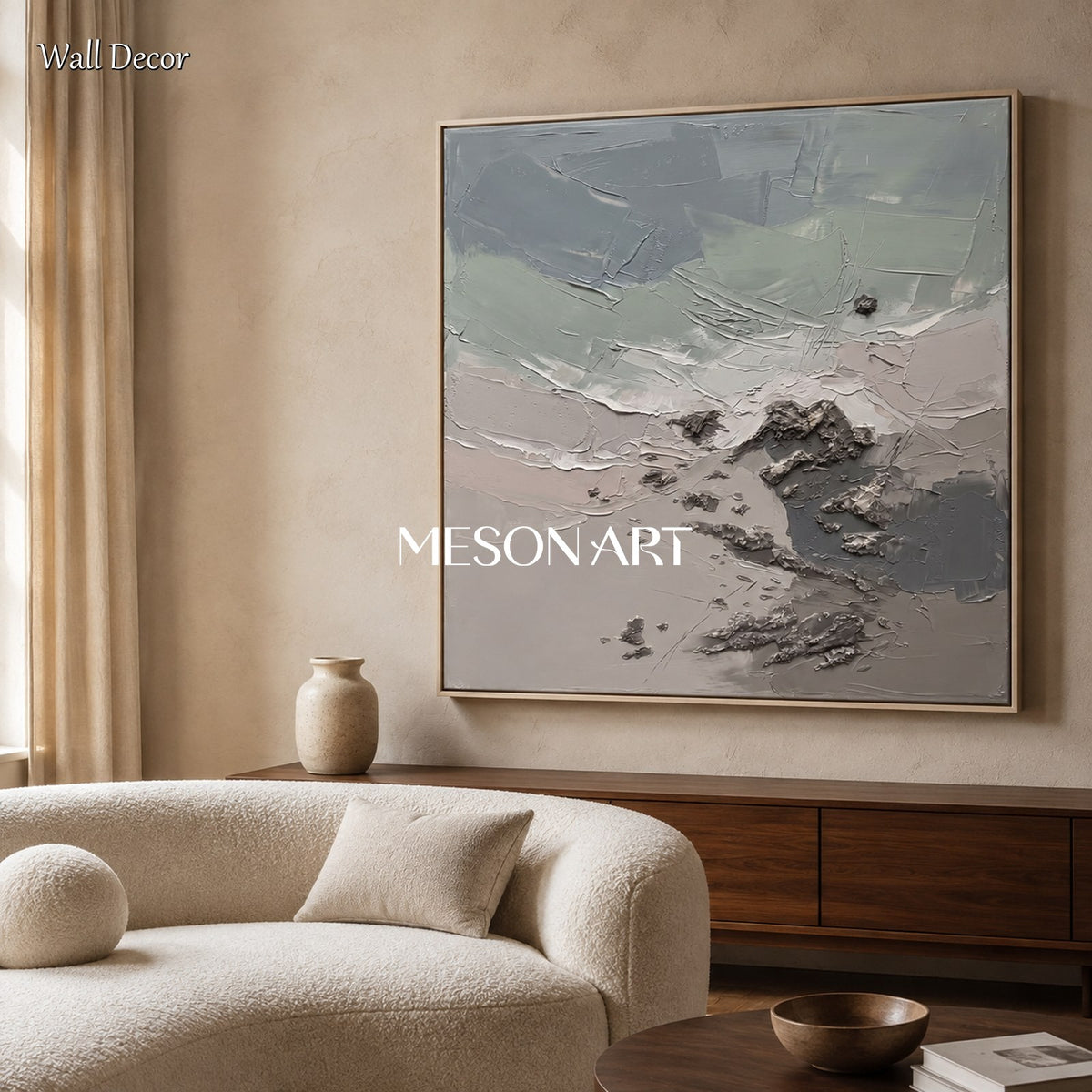Gray And White Abstract Painting Square Wall Art Original Artist Hand Painted Neutral Large Framed By Mesonart