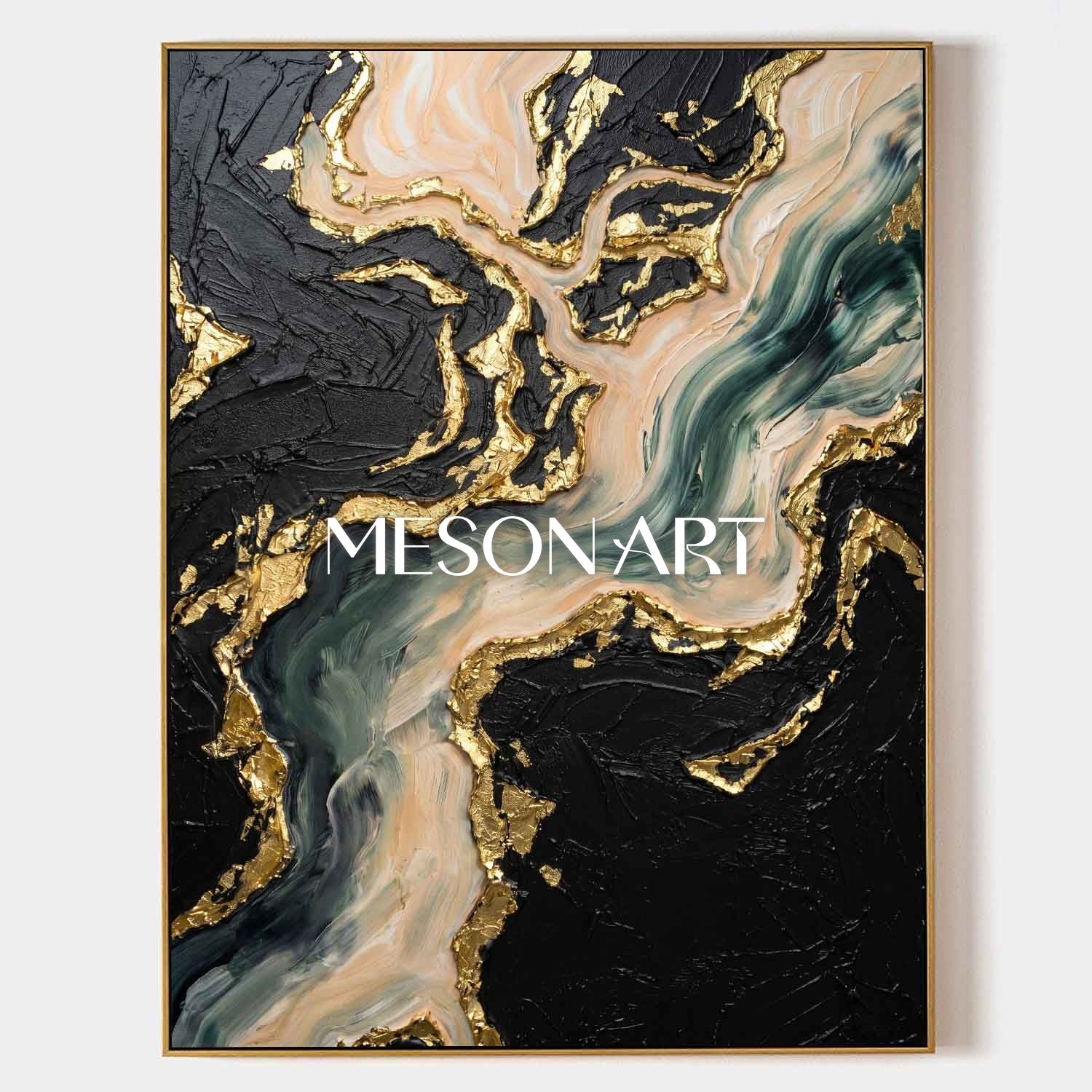 Luxury Abstract Seascape Painting With Gold Leaf Texture For Modern Living Room Decor