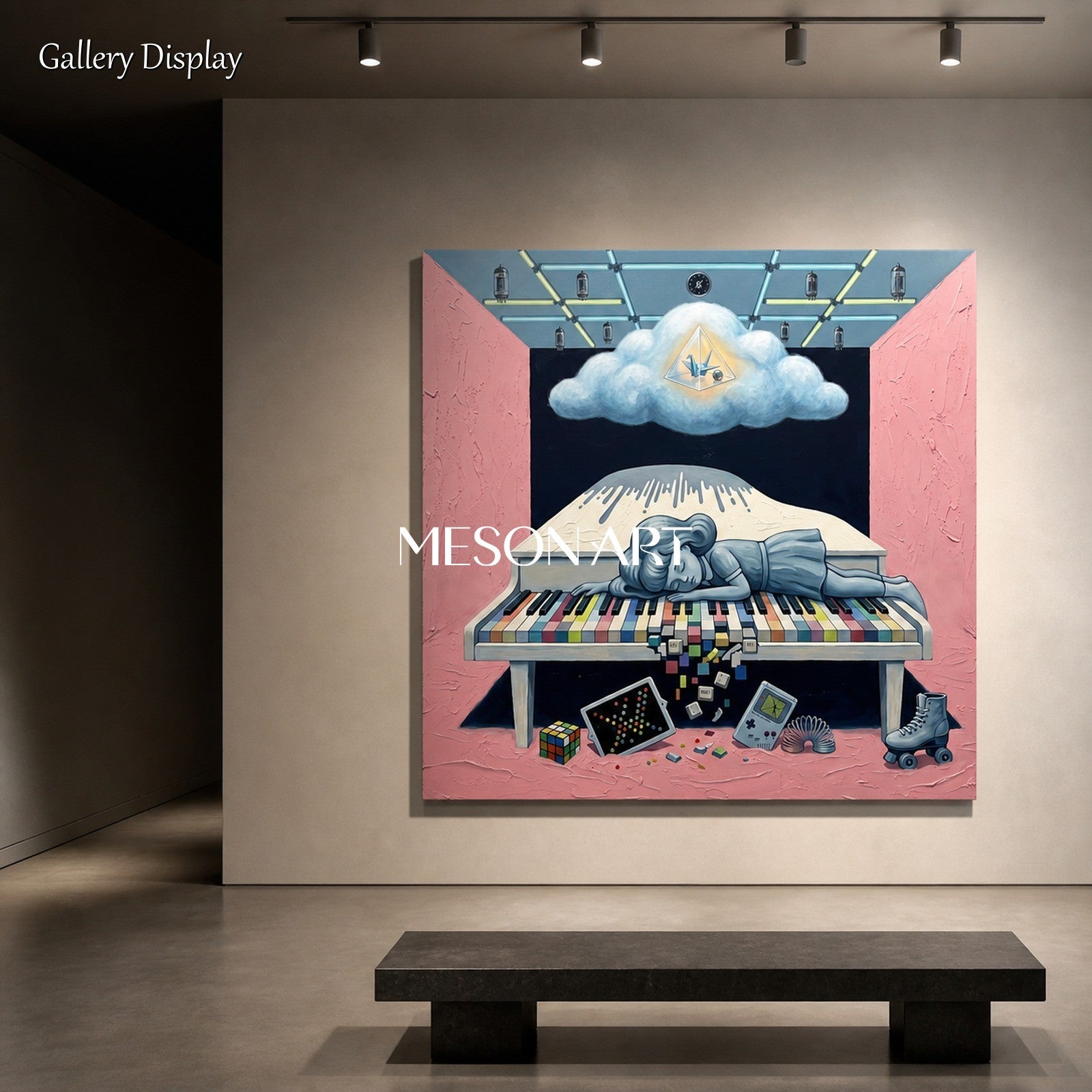 Pink And Blue Surrealism Painting Square Original Artist Hand Painted Contemporary Art Wall Decor For Living Room By Mesonart