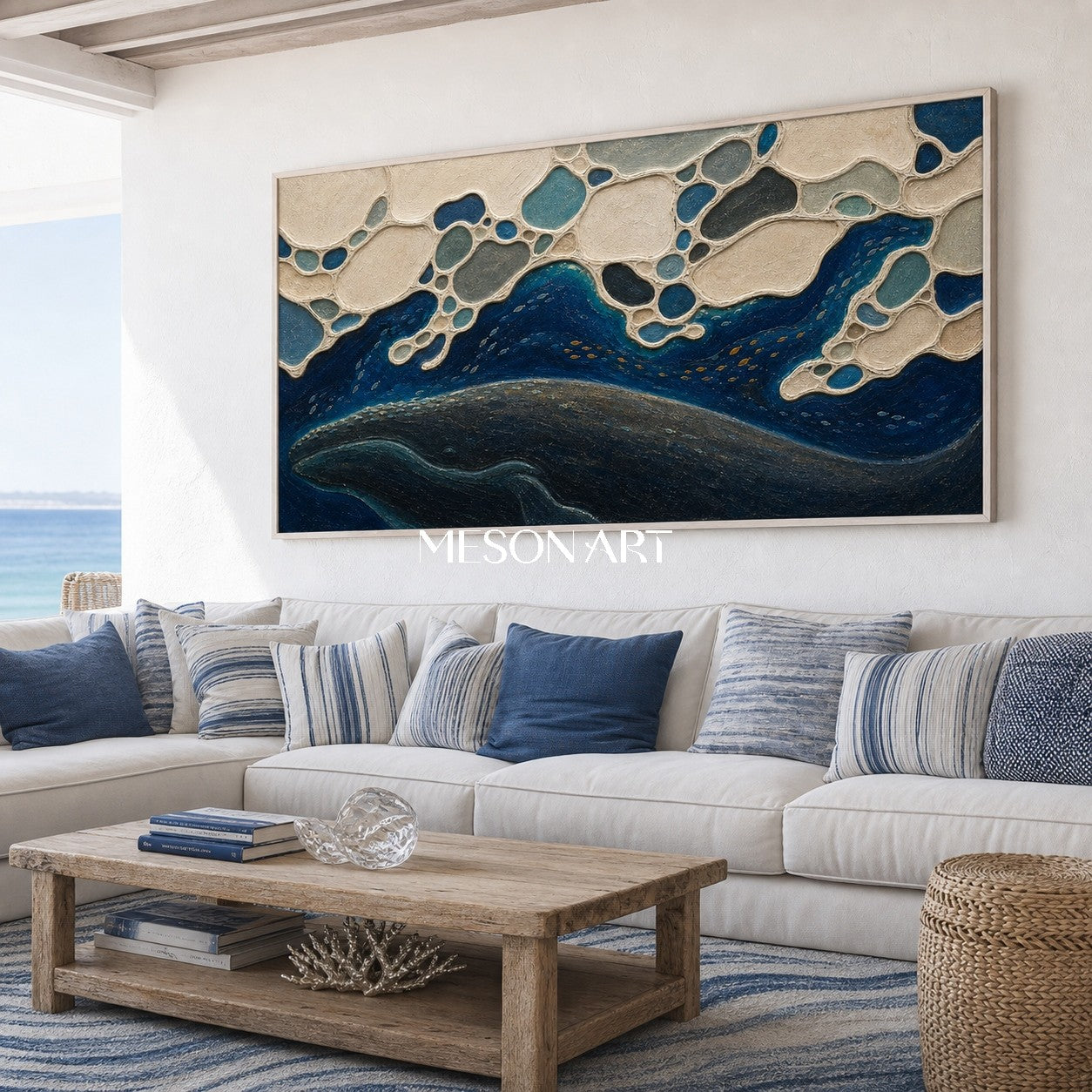 Deep Ocean Whale Silhouette Art With Textured Waves For Modern Living Room Decor