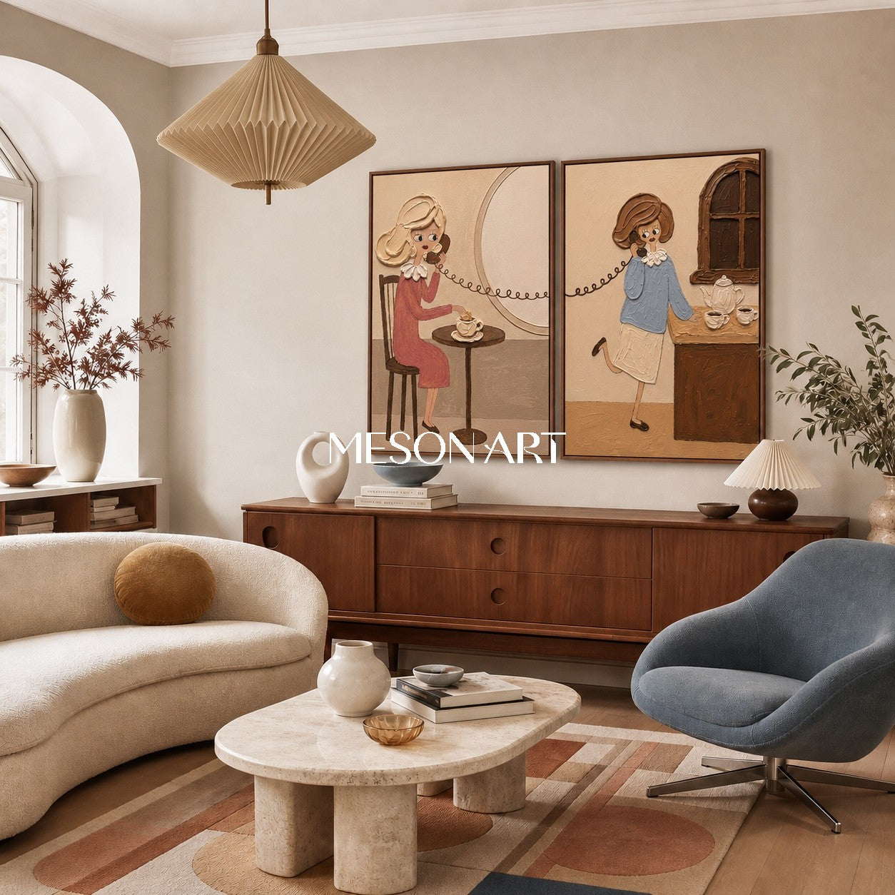 Vintage Pop Art Painting For Bedroom Wall With Textured Figures In Beige And Pink Tones