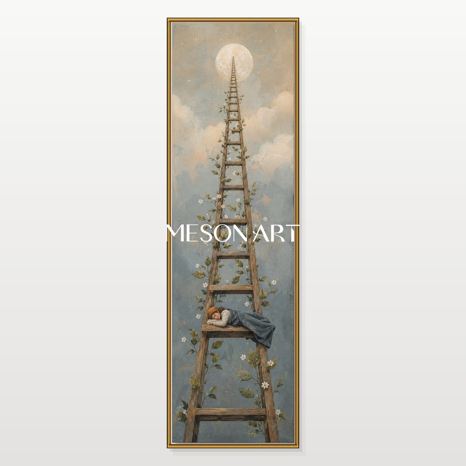 Surreal Moon Ladder Painting With Vines For Bedroom Entryway Abstract Art Decor