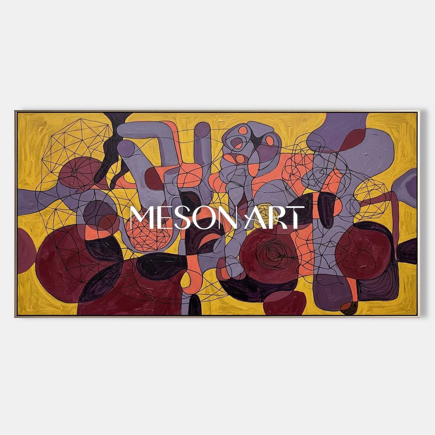 Contemporary Abstract Painting With Yellow And Purple Geometric Forms For Modern Living Room Decor