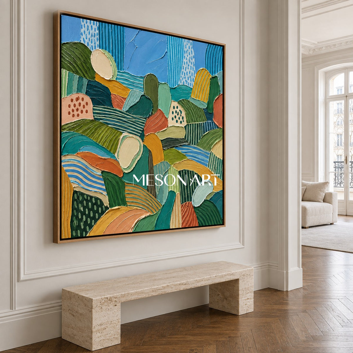 Blue And Green Abstract Landscape Painting Square Wall Art For Living Room By Mesonart