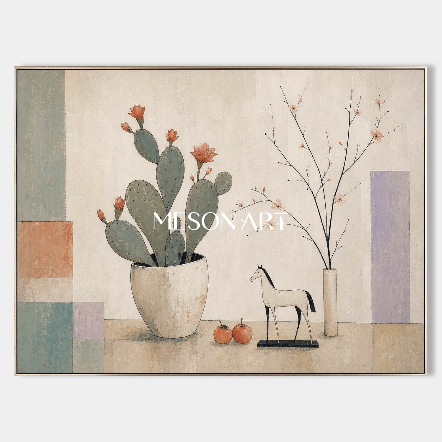 Art Deco Cactus Painting For Modern Living Room Decor With Geometric Shapes