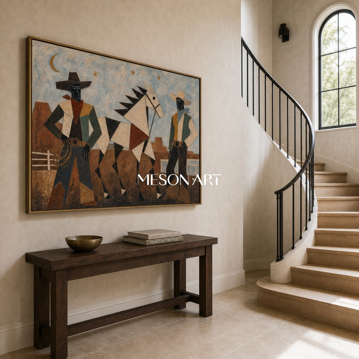 Geometric Cowboy And Horse Painting For Modern Living Room Decor