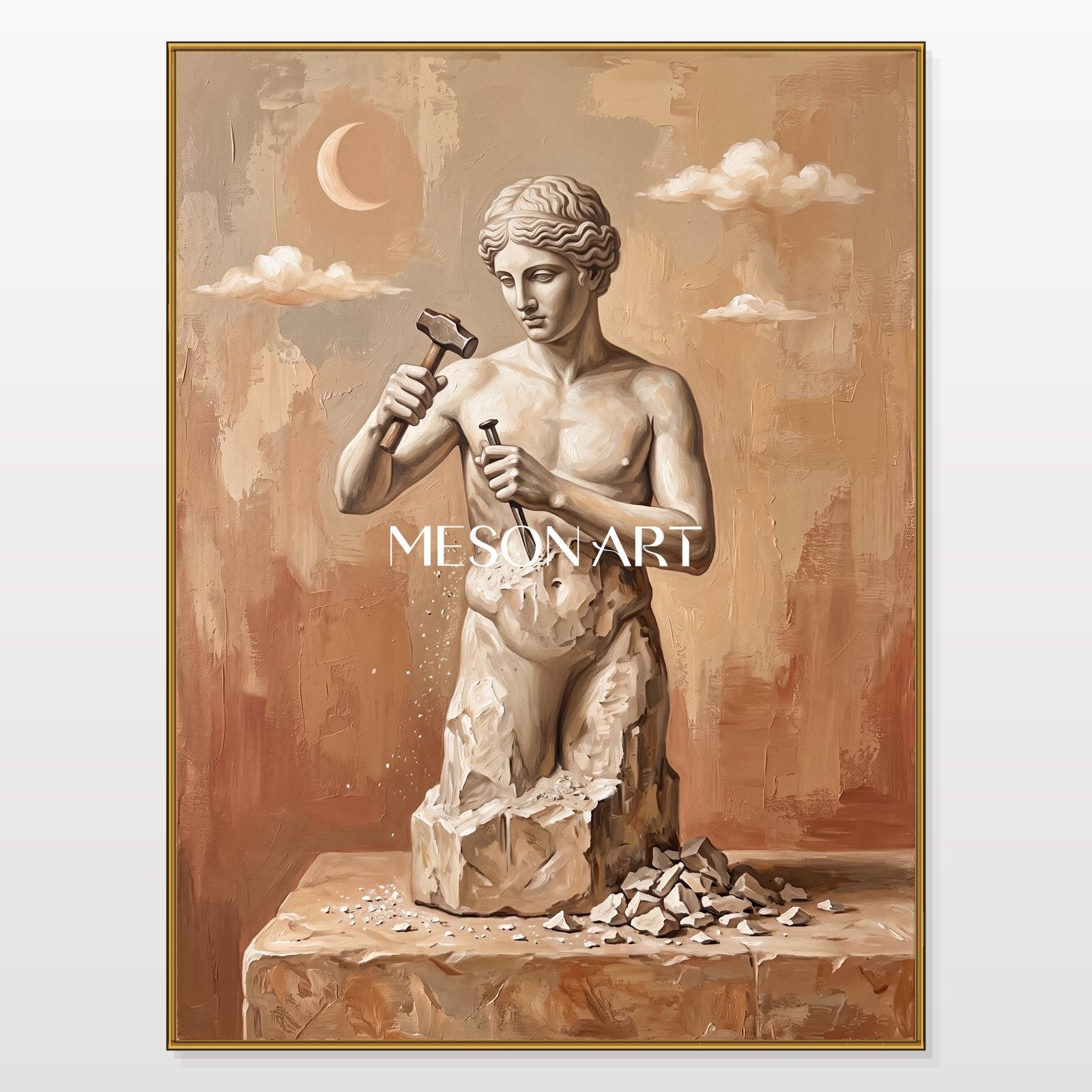 Surrealist Sculpture Painting With Moon And Clouds In Beige Brown Tones For Modern Living Room Decor