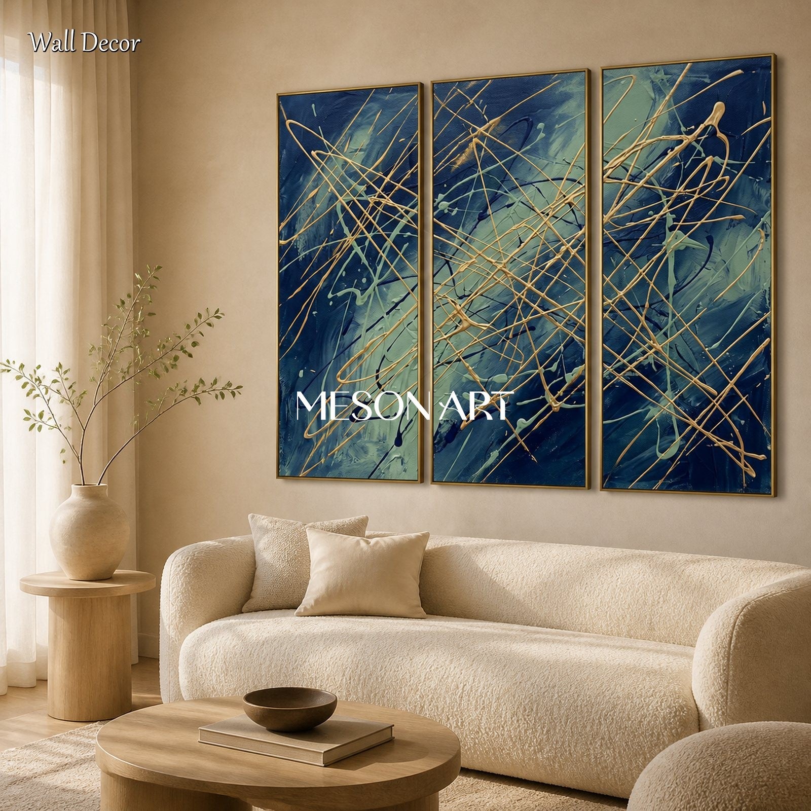 Blue And Gold Abstract Expressionism Painting Rectangular Wall Art For Living Room By Mesonart