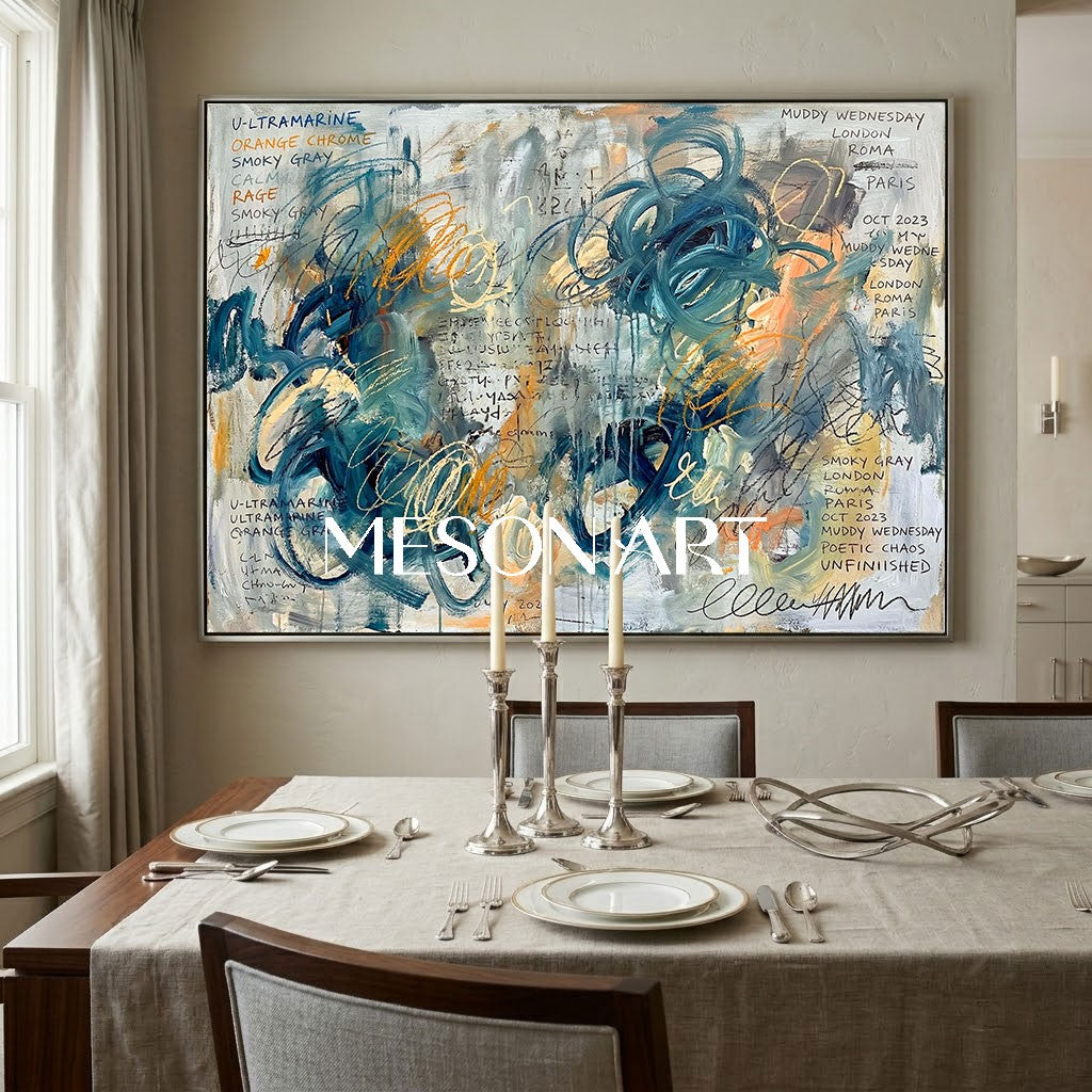 Original Framed Large Canvas Ultramarine Abstract Art For Living Room