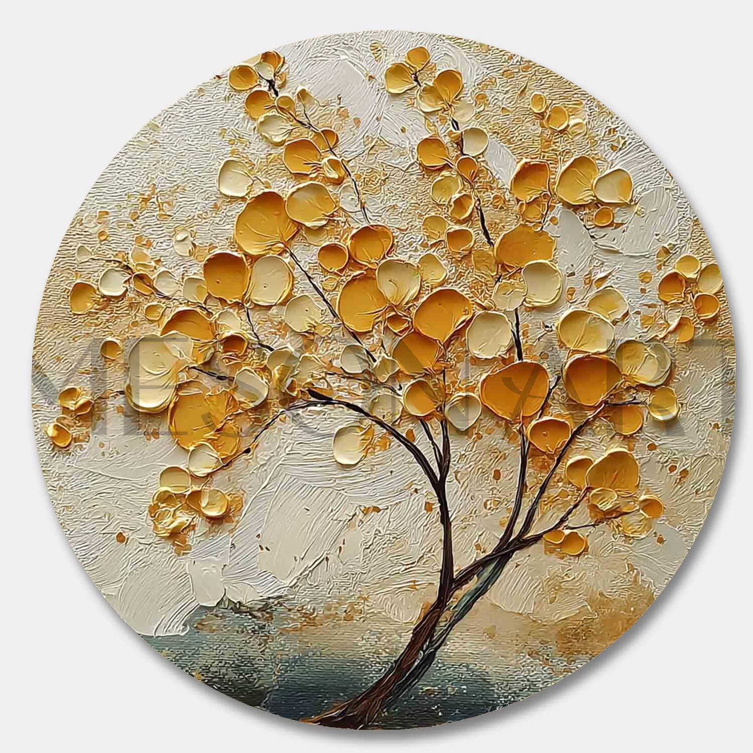 golden money tree painting Golden Tree of Life Round Art – Ginkgo-Inspired Painting with 3D Texture Oil Painting Canvas 55''x 55''/ 140 x 140 cm / Frameless