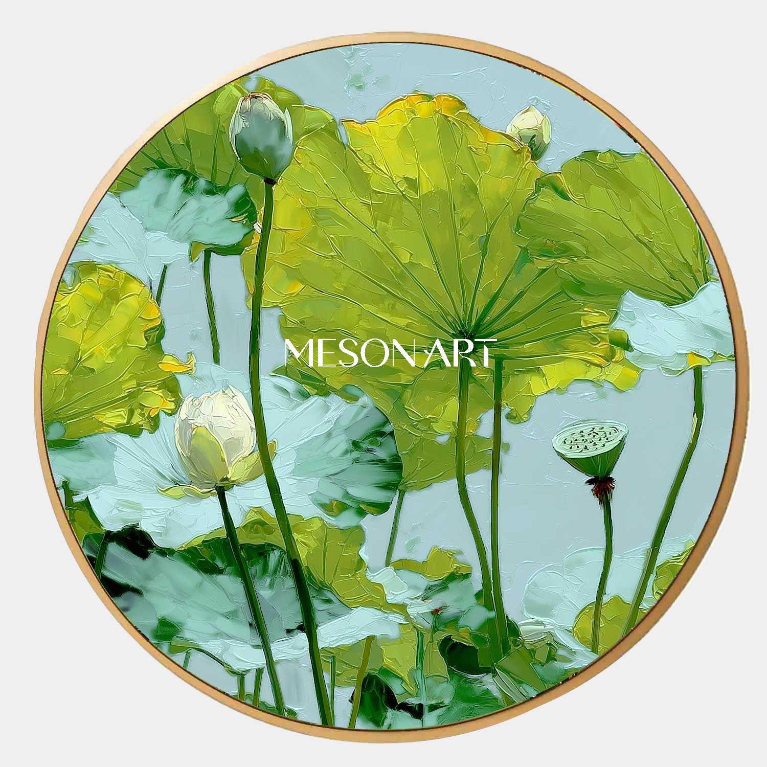 Round Lotus Landscape Canvas – Botanical Wall Art in Greens
