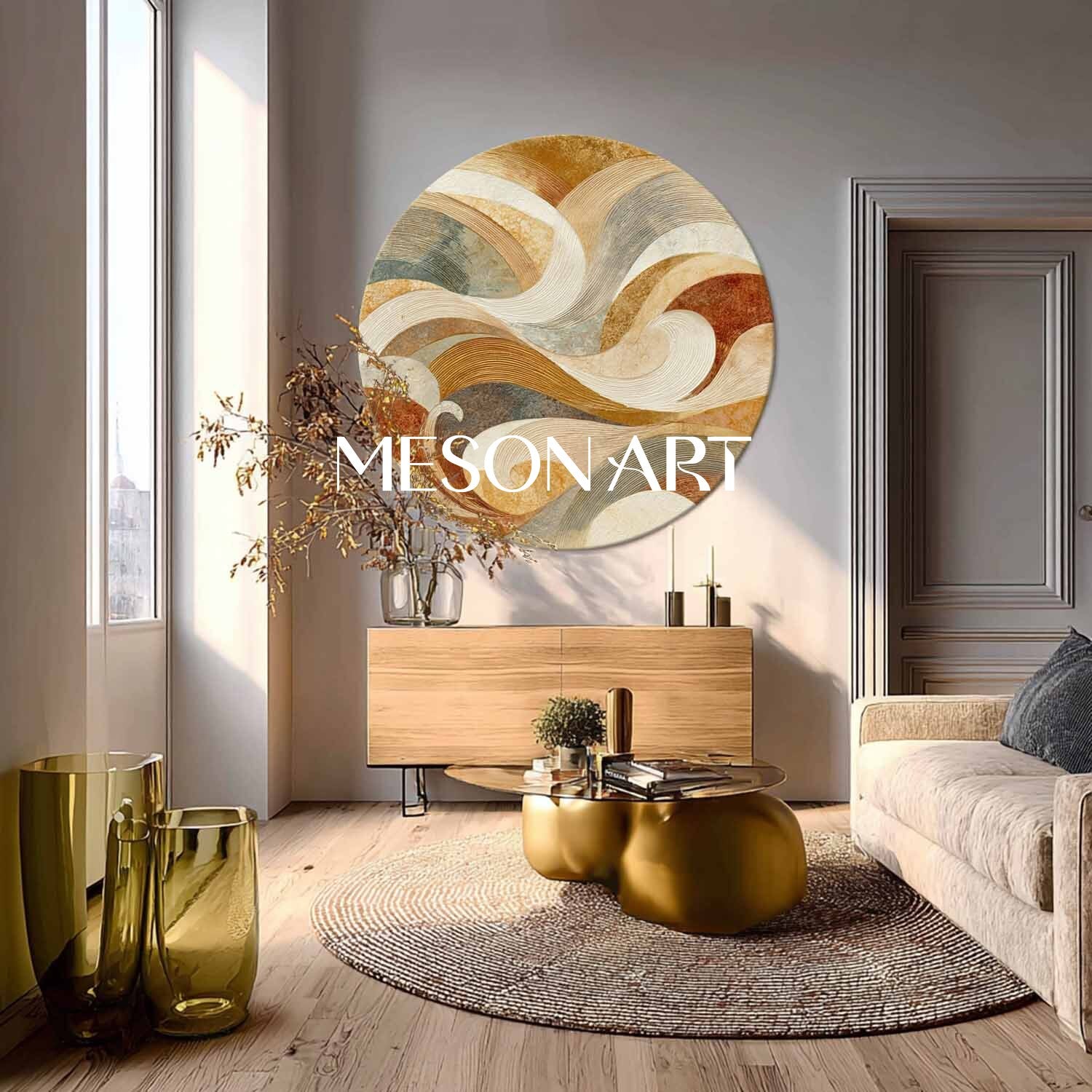 Modern Wave Abstract Wall Art – Earthy Tone Wave-Inspired Round Canvas