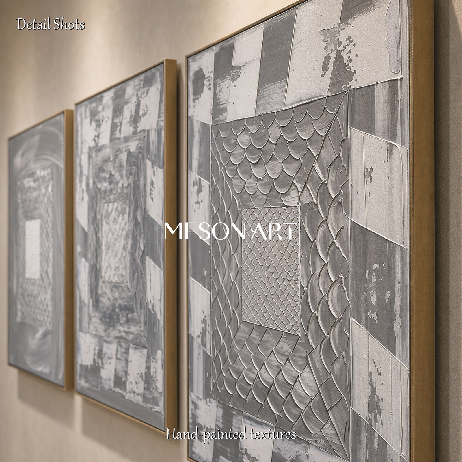 Gray Abstract Triptych With Textured Relief For Modern Living Room Decor