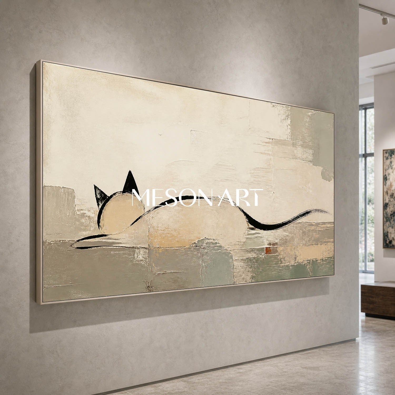 Minimalist Cat Wall Art Large Abstract Painting Beige Black Tones For Modern Living Room Decor