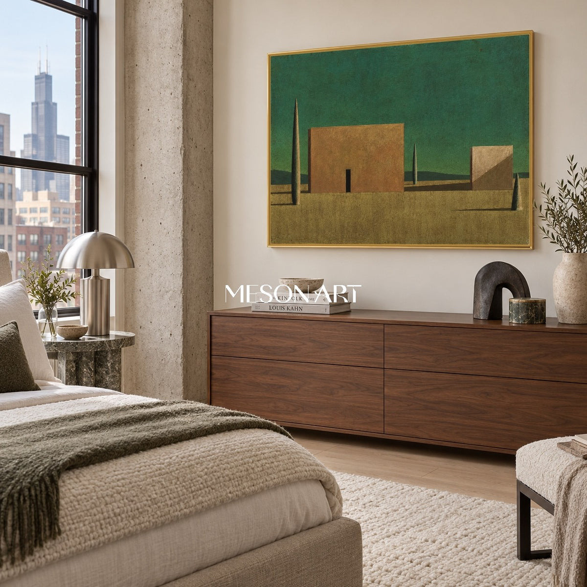 Green And Brown Surrealist Metaphysical Art Rectangular Architectural Painting For Living Room By Mesonart