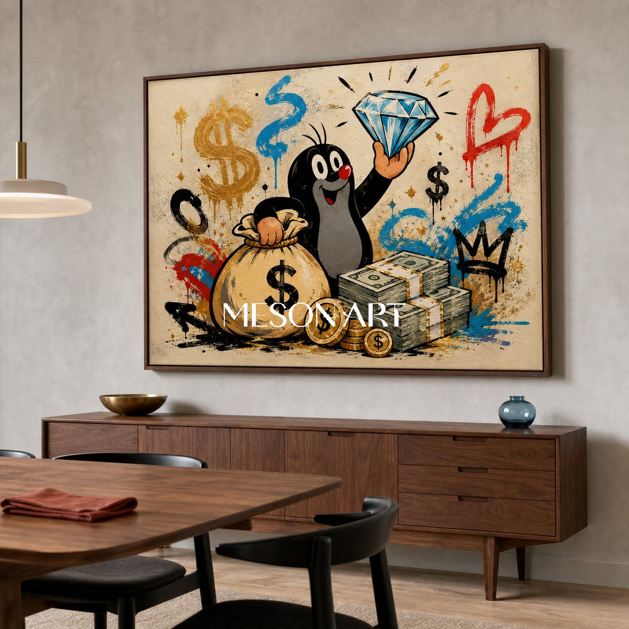 Playful Mole Graffiti Art With Dollar Signs For Modern Living Room Decor