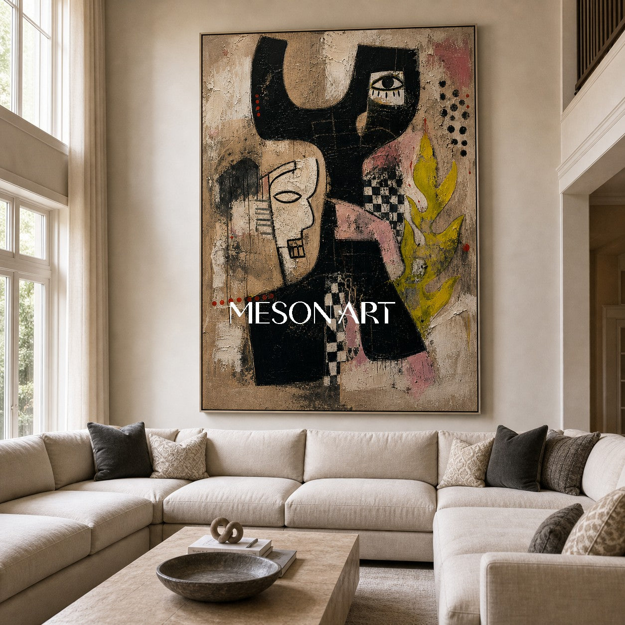 Urban Graffiti Inspired Portrait Painting In Black And White With Yellow Accents For Industrial Loft Decor