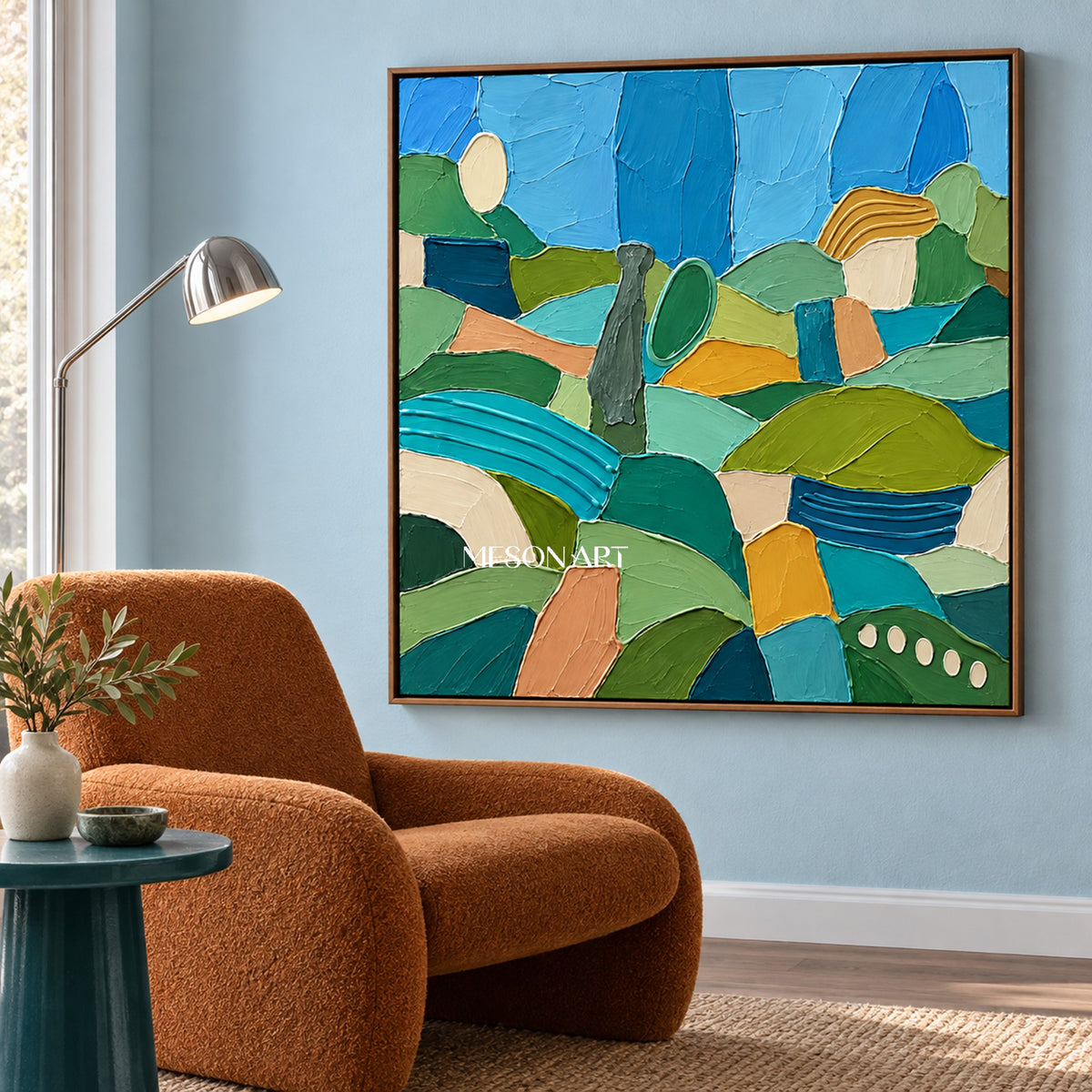 Green And Blue Abstract Landscape Painting Large Original Hand Painted Canvas Wall Art Square For Living Room By Mesonart