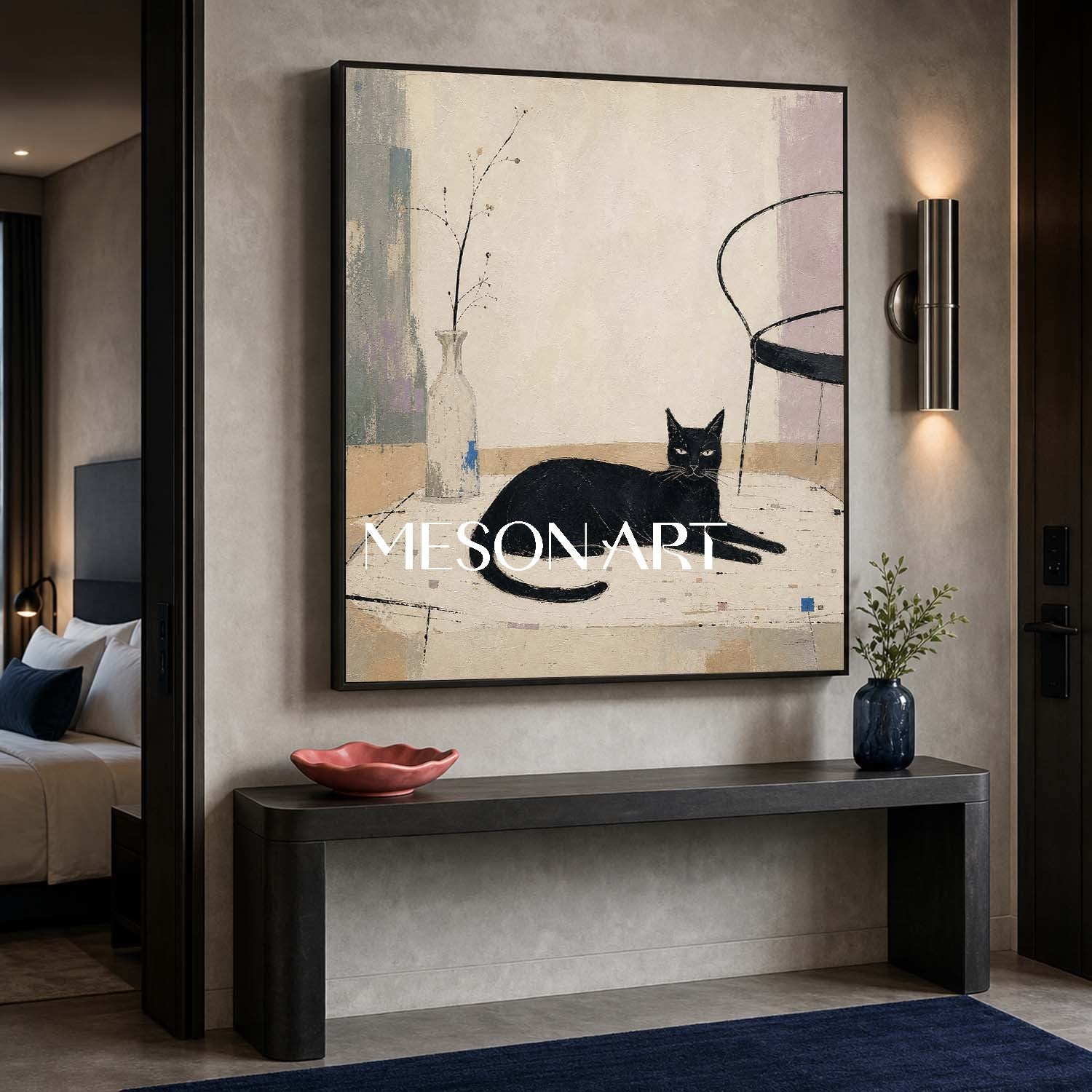 Minimalist Black Cat Painting With Still Life Elements For Modern Home Decor