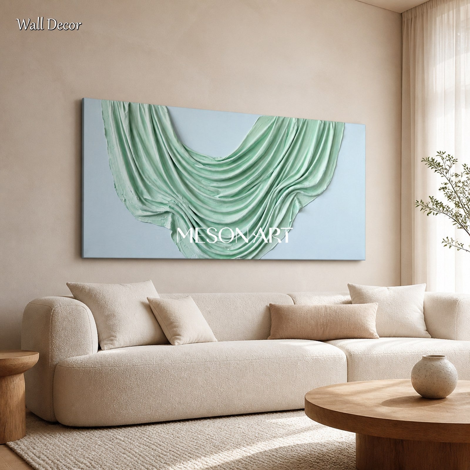 Green And White Minimalist Textured Art Panoramic Wall Decor By Mesonart