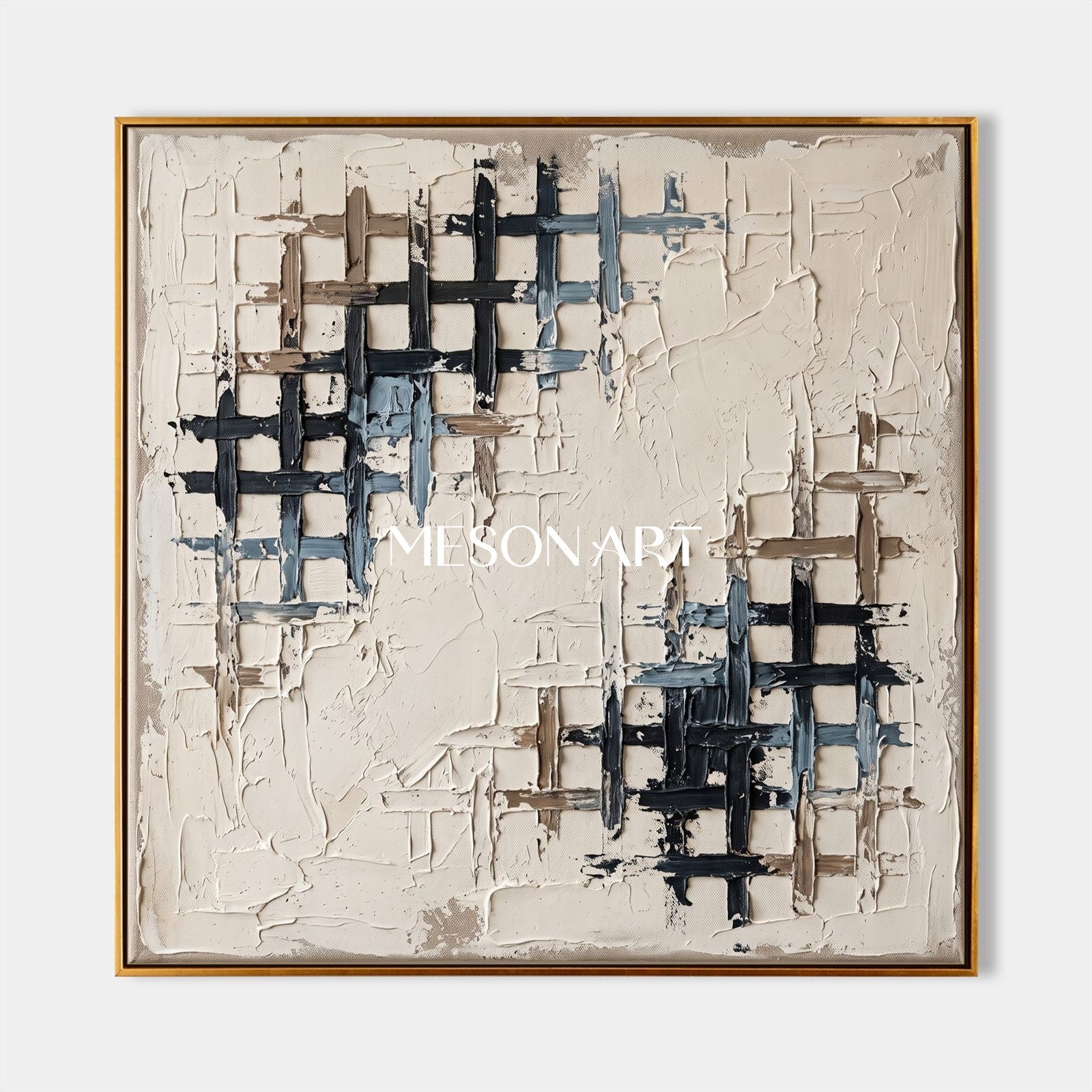 Minimalist Textured Abstract Art With Geometric Grid For Modern Living Room Decor