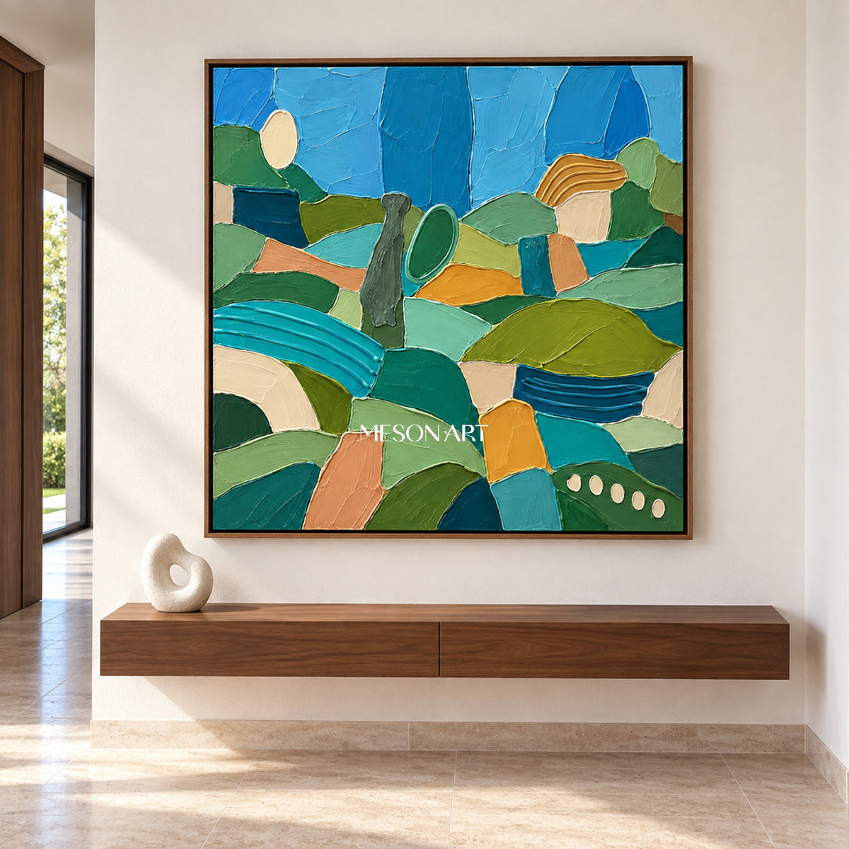 Green And Blue Abstract Landscape Painting Large Original Hand Painted Canvas Wall Art Square For Living Room By Mesonart